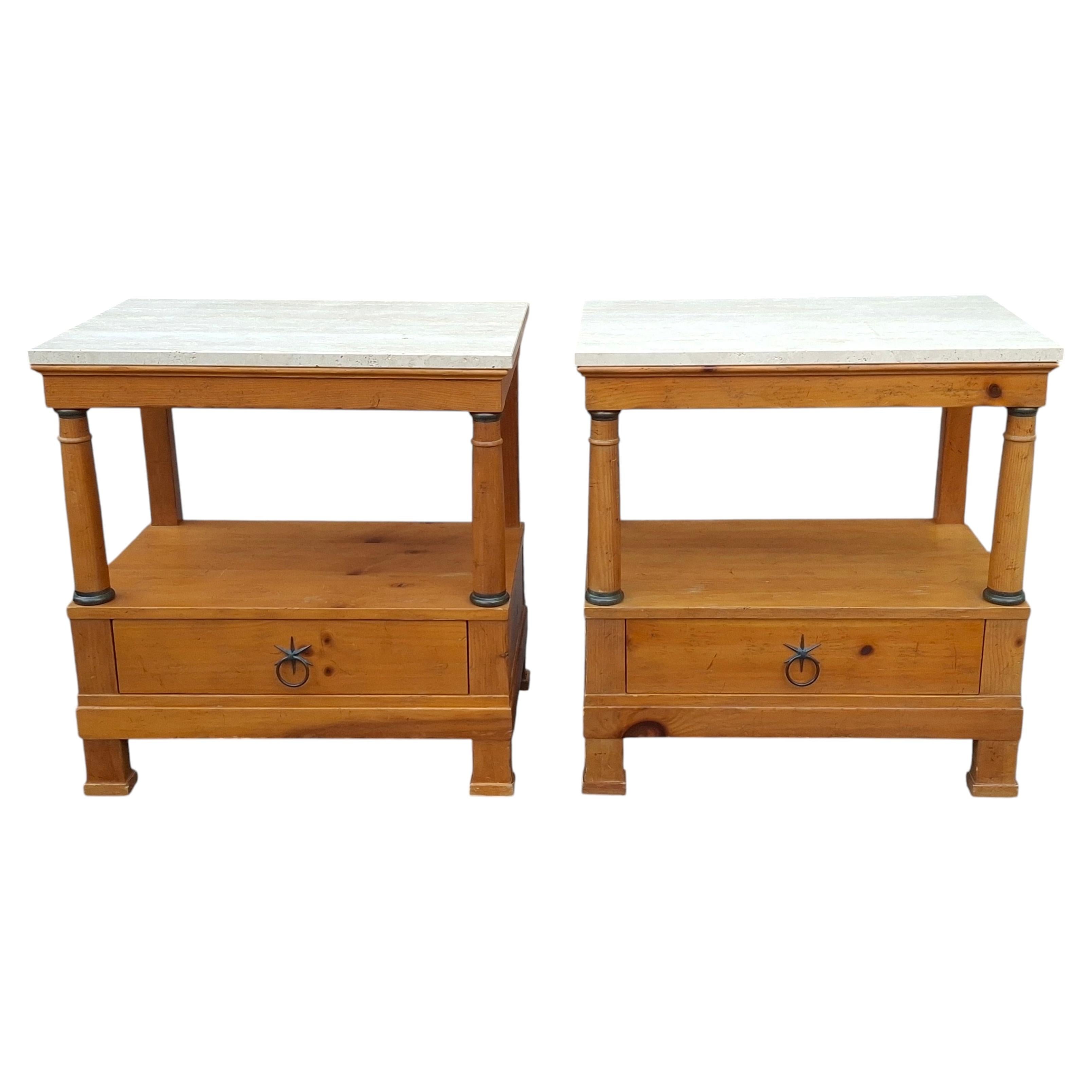 Pair of Milling Road for Baker Golden Pine and Travertine Top Side Tables For Sale
