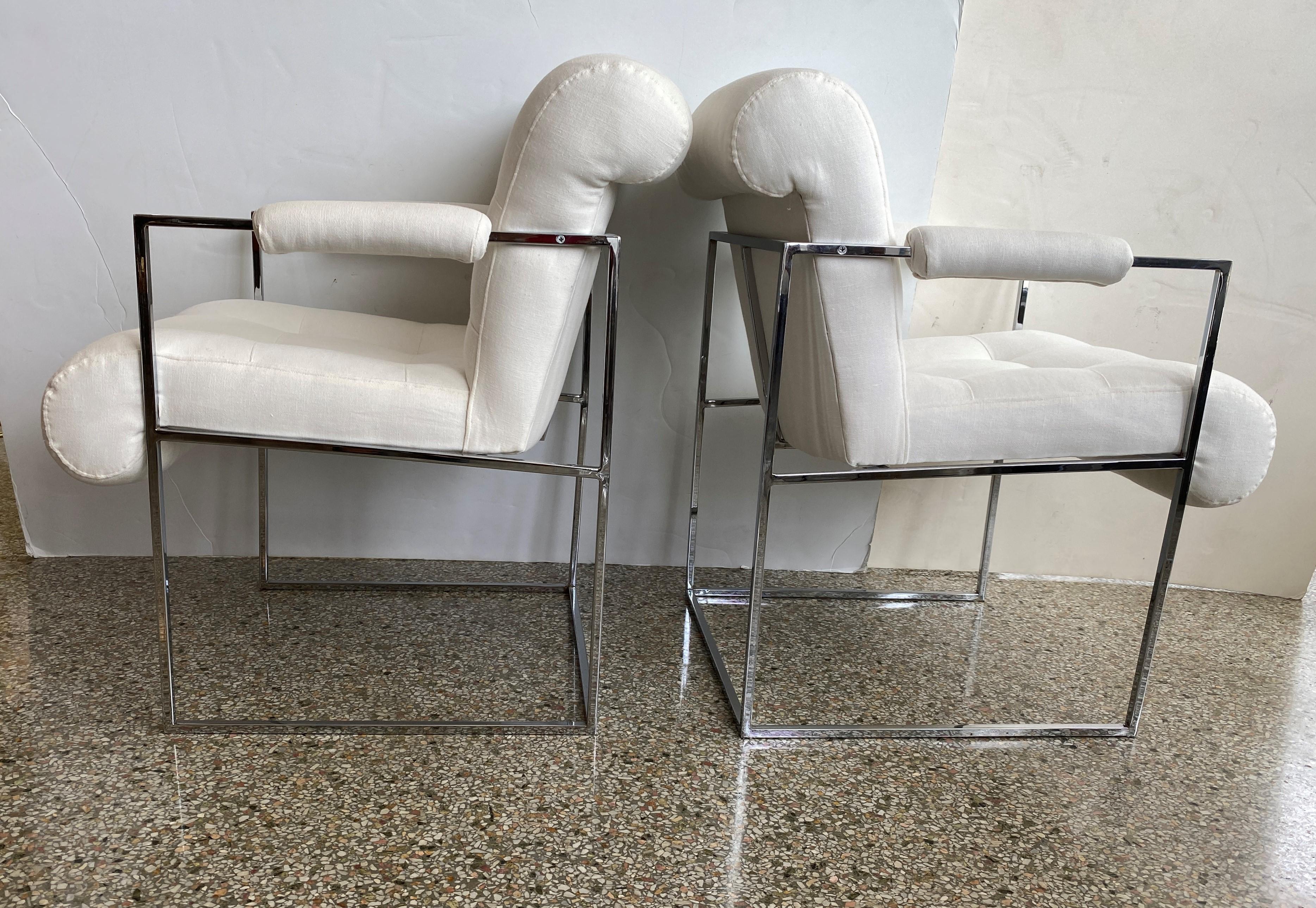 Fabric Pair of Milo Baughman Thin Line Chairs in Polished Chrome For Sale
