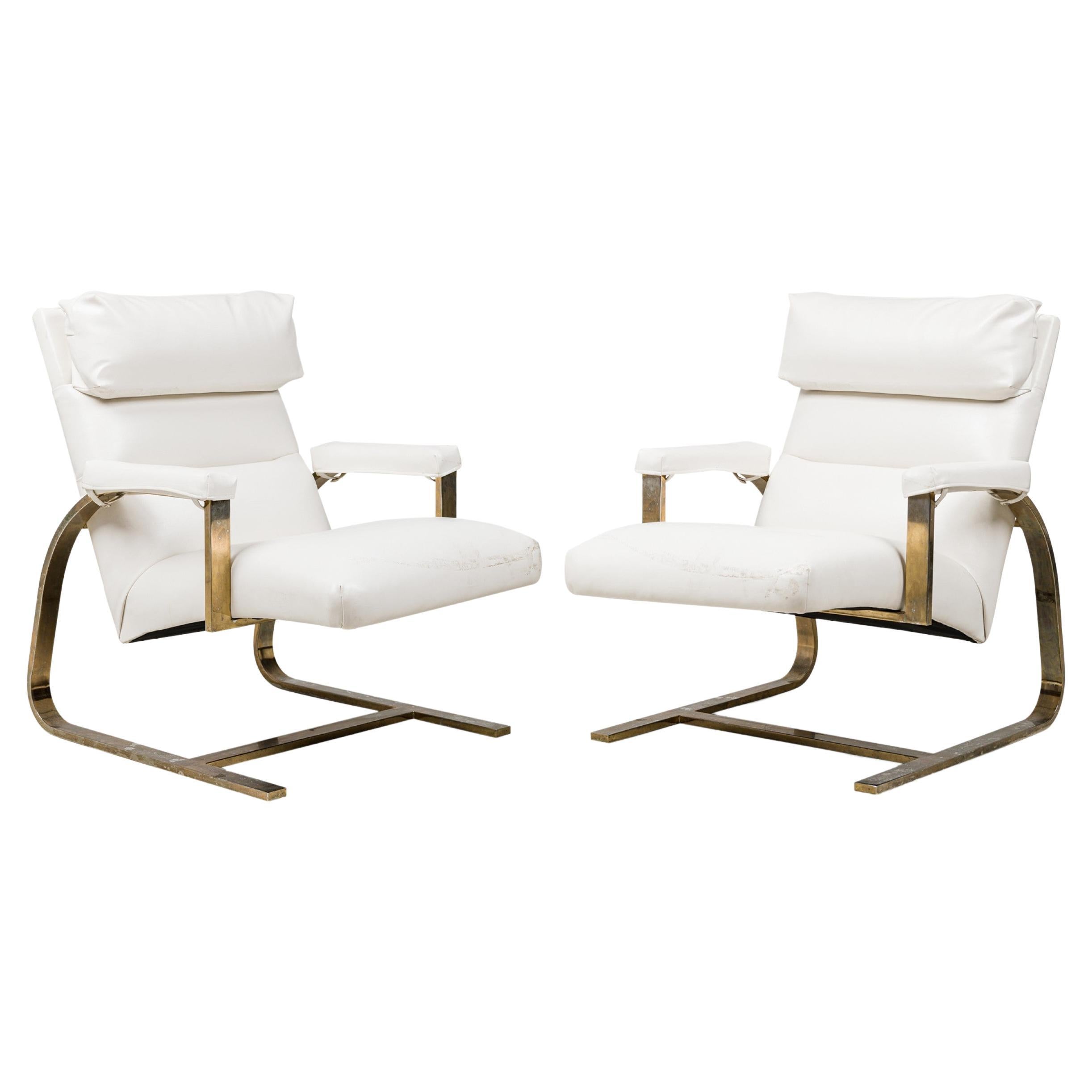 Pair of Attributed Milo Baughman American Brass White Leather Arm Chairs For Sale