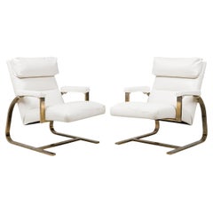 Pair of Milo Baughman American Brass White Leather Upholstered Arm Chairs