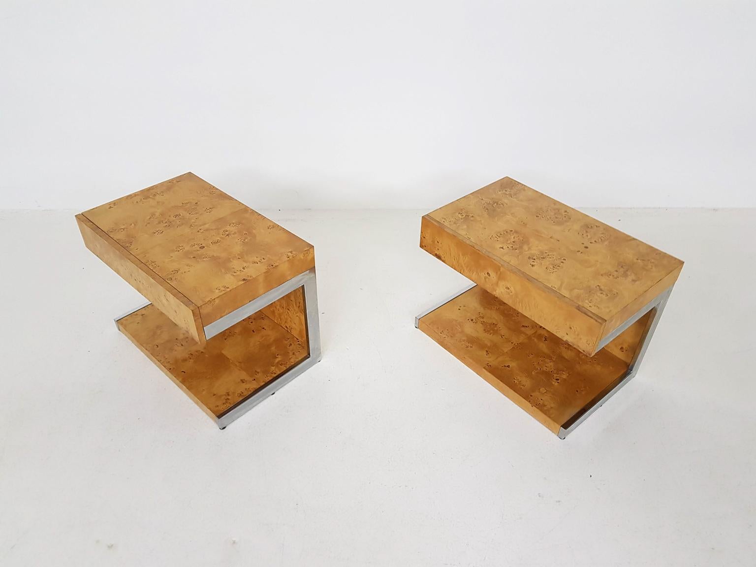 Late 20th Century Pair of Milo Baughman Attributed Burl Wood and Chrome Night or Bed Stands