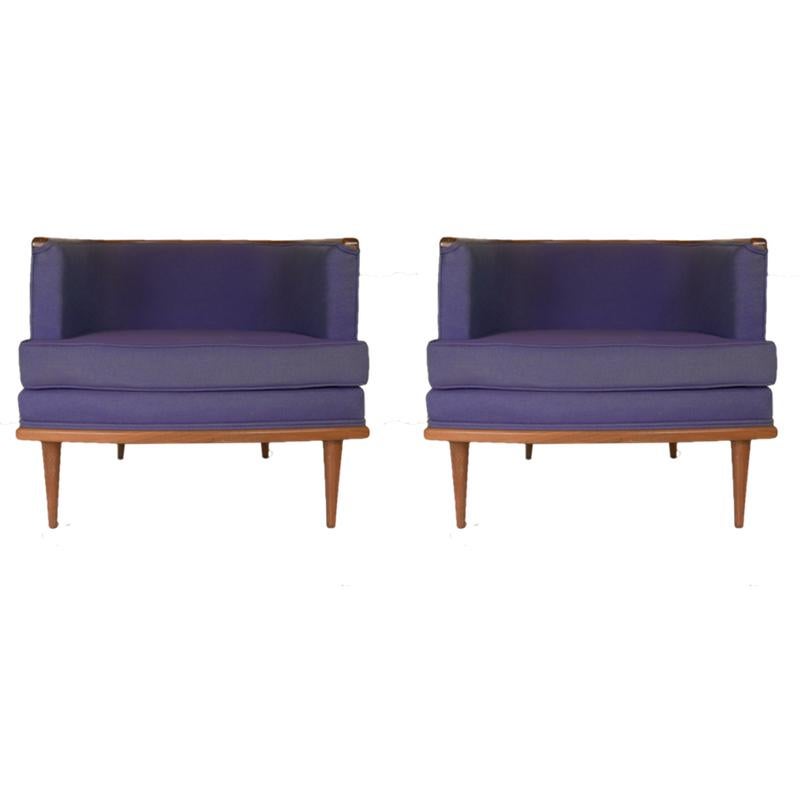 Pair of Milo Baughman Barrel Back Lounge Chairs with Walnut Detail 2