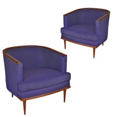 Pair of Milo Baughman Barrel Back Lounge Chairs with Walnut Detail