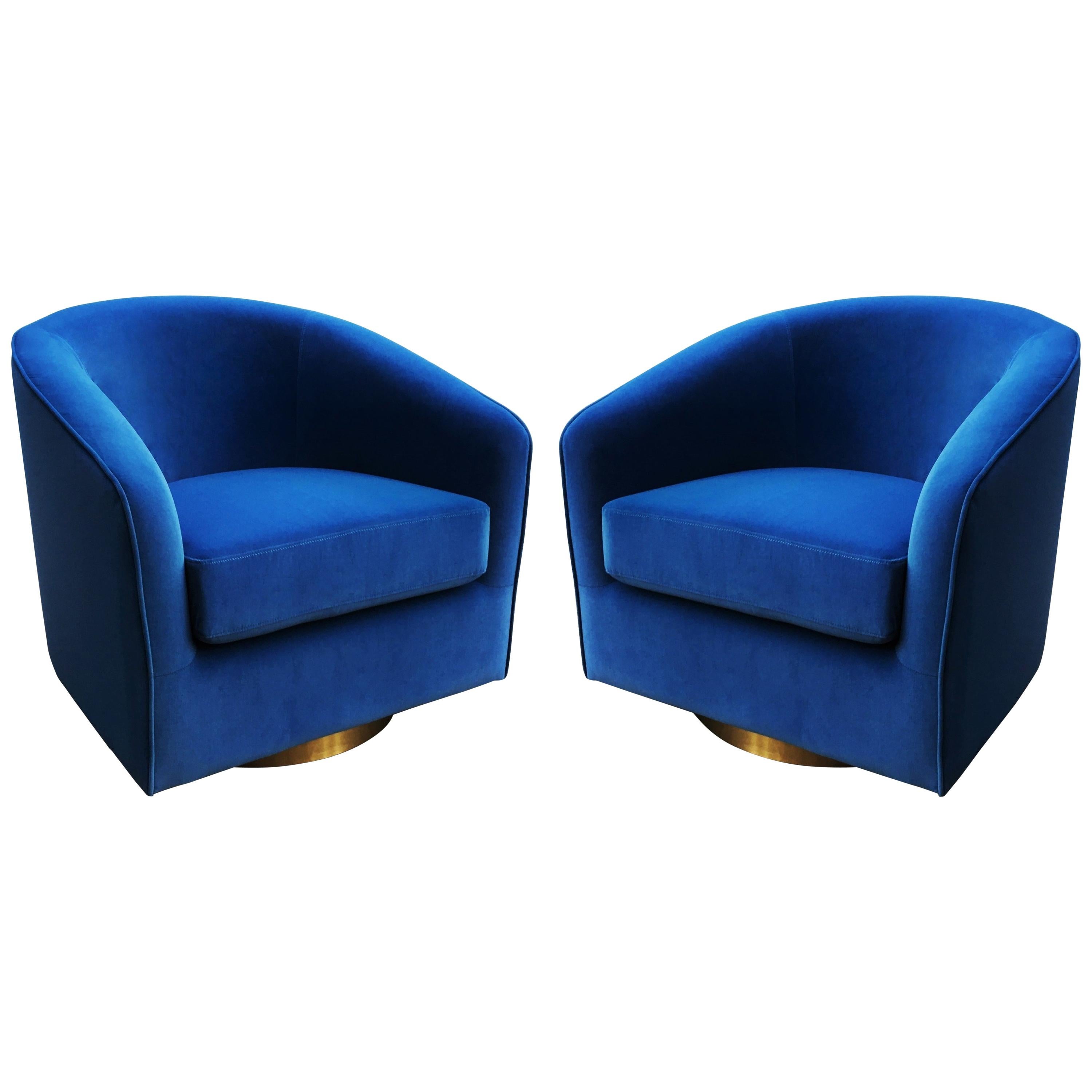 Pair of Milo Baughman Blue Velvet and Brass Swivel Chairs