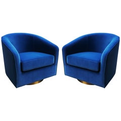 Pair of Milo Baughman Blue Velvet and Brass Swivel Chairs