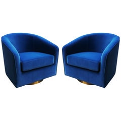 Pair of Milo Baughman Blue Velvet and Brass Swivel Chairs