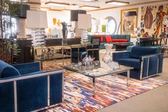 Pair of Milo Baughman Blue Velvet and Flat Bar Chrome Cube Club Chairs