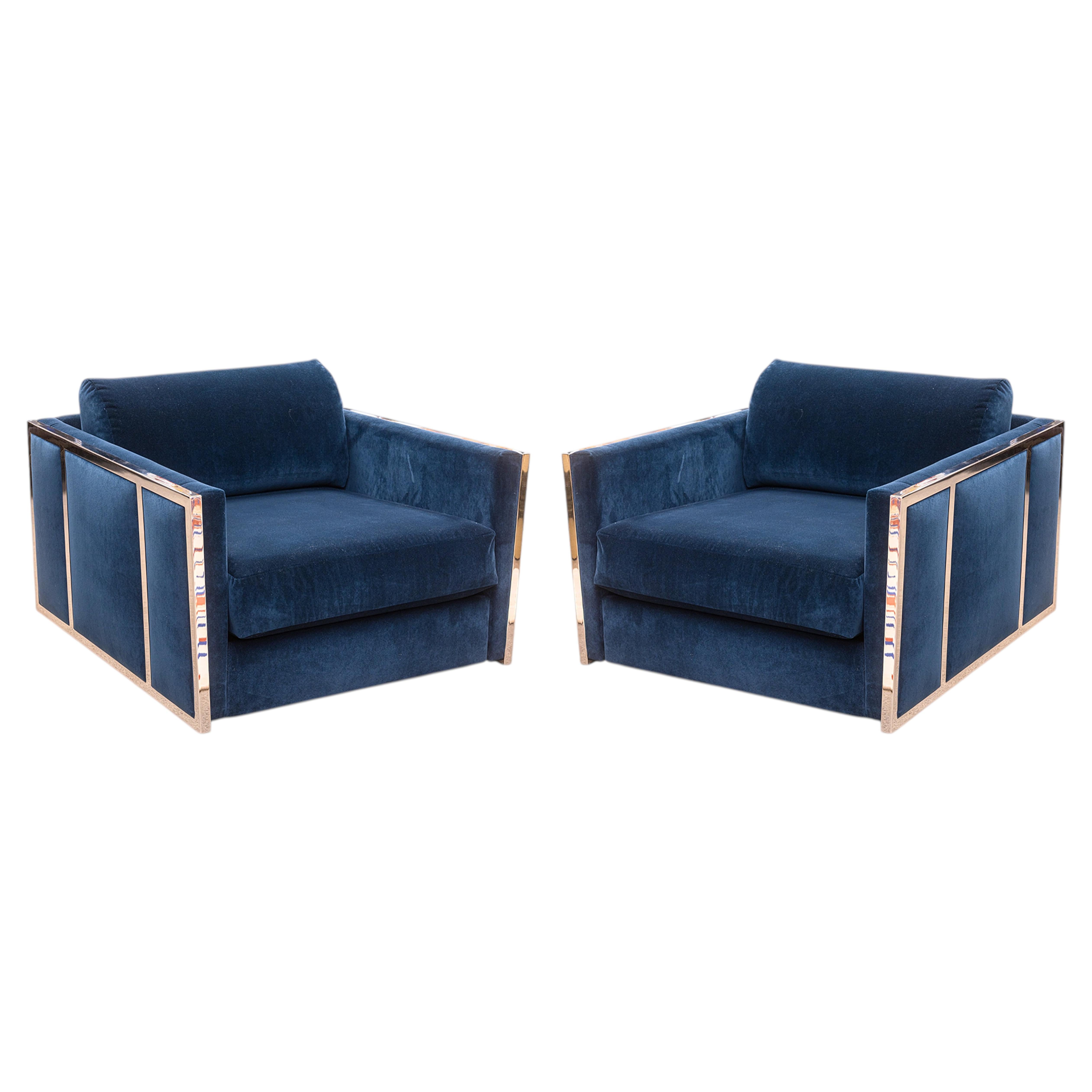 Pair of Milo Baughman Blue Velvet and Flat Bar Chrome Cube Club Chairs