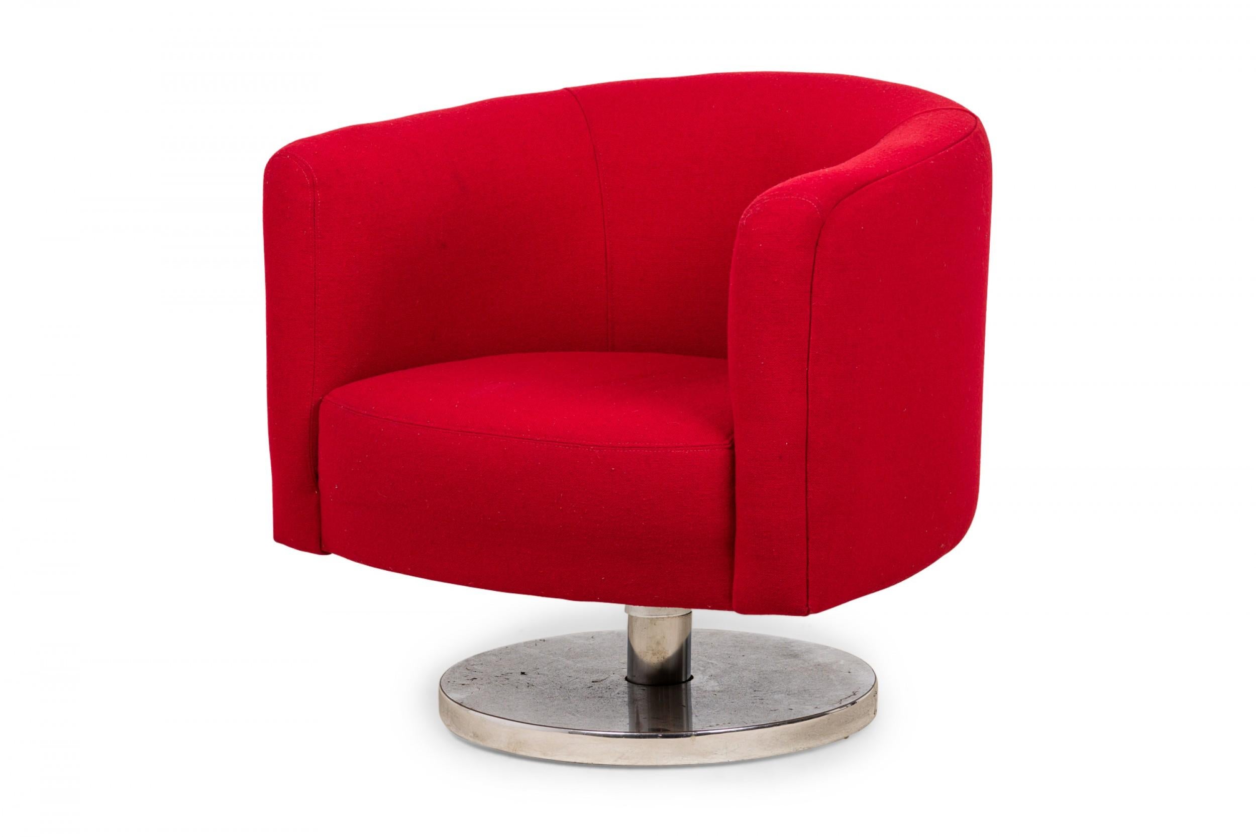 Mid-Century Modern Pair of Milo Baughman Bright Red Upholstered Swivel / Tilt Tub Armchairs For Sale