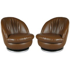 Pair of Milo Baughman Brown Tilt and Swivel Lounge Chairs