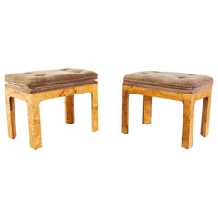 Pair of Milo Baughman Burl Tufted Seat Parsons Stools