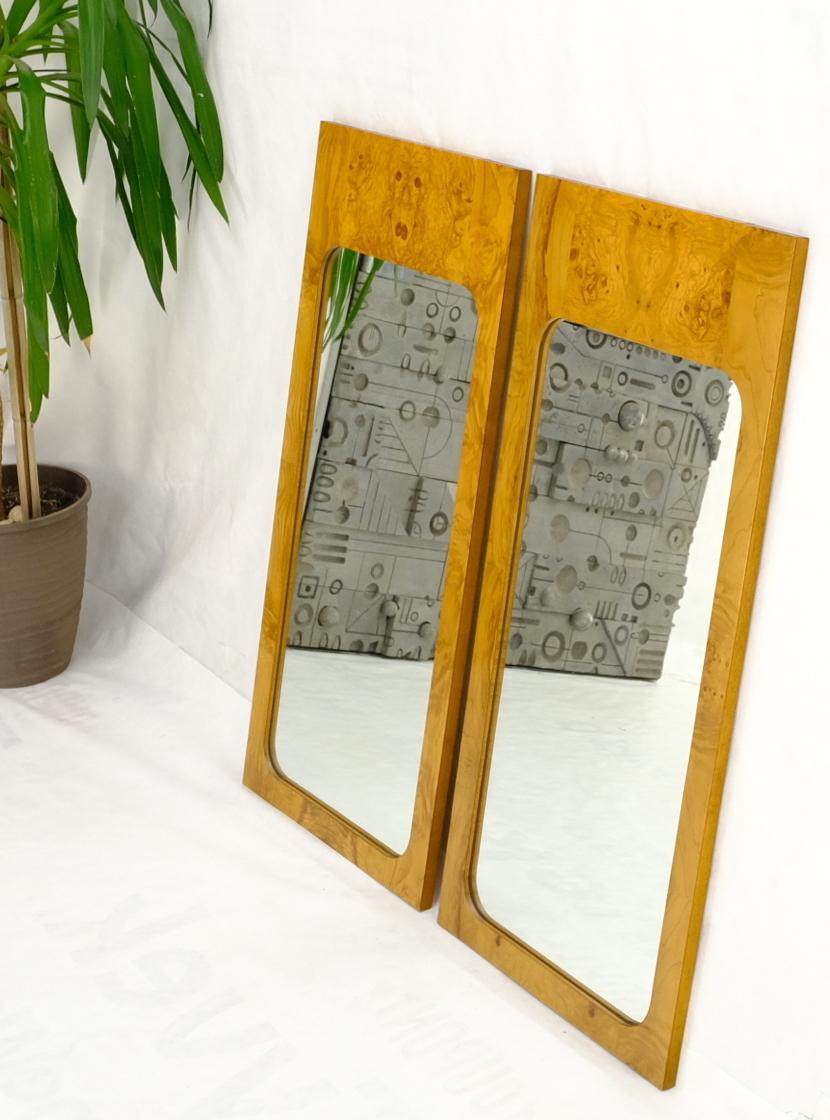 Pair of Milo Baughman style burl wood bookmatched Mid-Century Modern wall mirrors, designed by Roland Carter and produced by Lane Furniture as part of their 