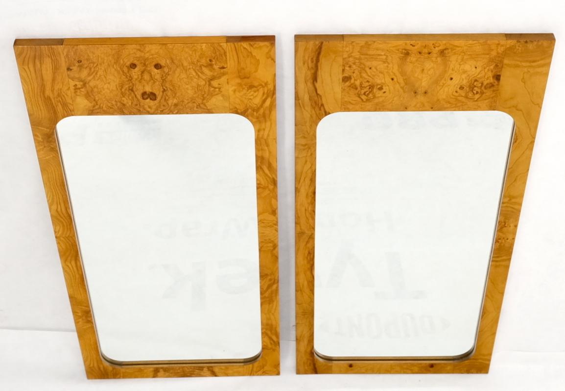 American Style of Milo Baughman Burl Wood Bookmatched Mid-Century Modern Wall Mirror Pair For Sale