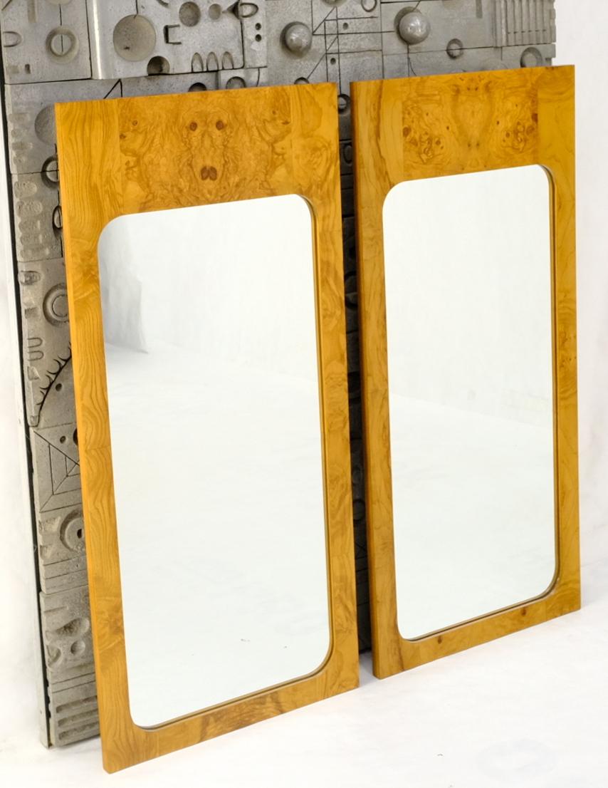 Lacquered Style of Milo Baughman Burl Wood Bookmatched Mid-Century Modern Wall Mirror Pair For Sale