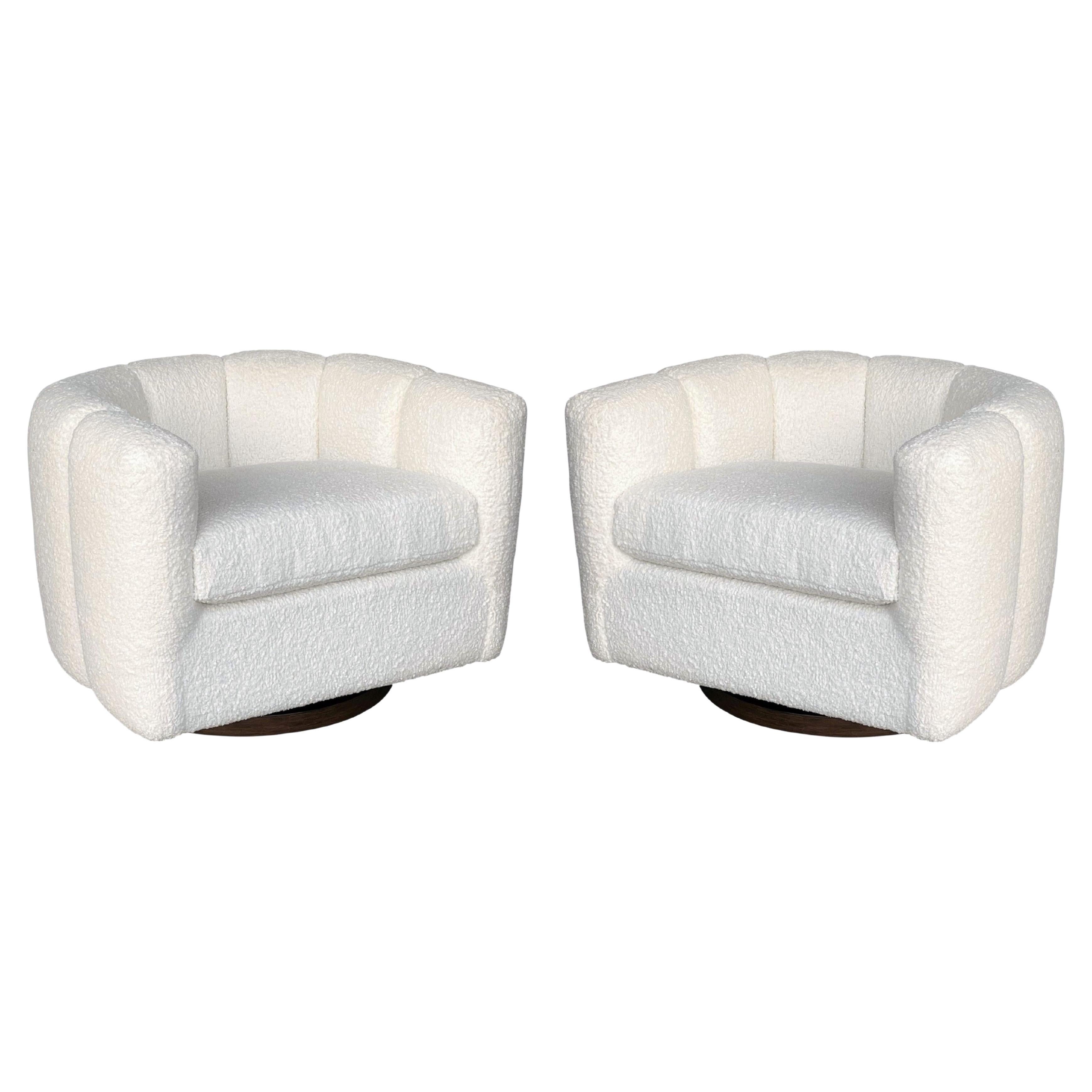 Pair of Channel Back Swivel Chairs in White Bouclé in the Style of Milo Baughman