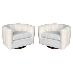 Pair of Channel Back Swivel Chairs in White Bouclé in the Style of Milo Baughman