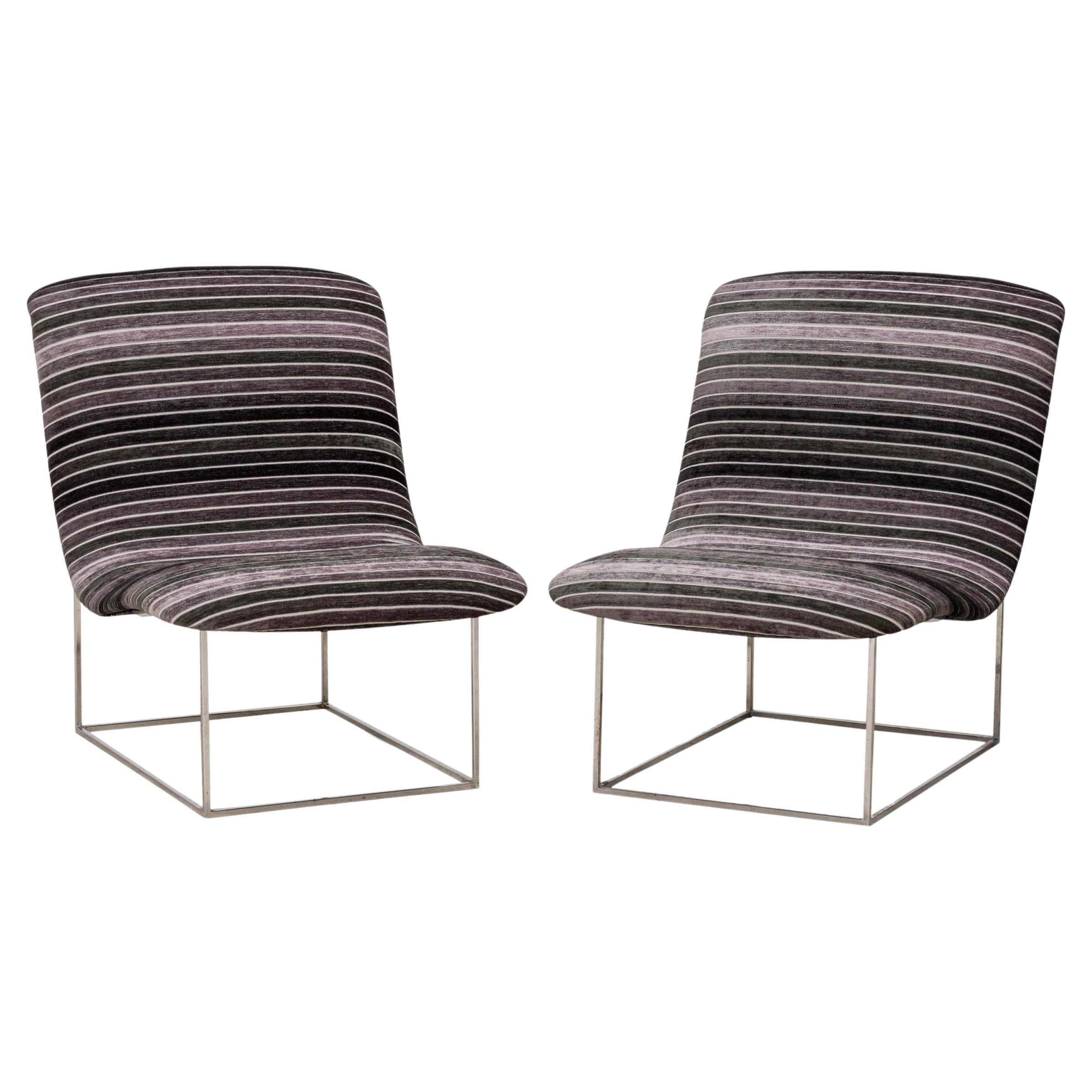 Pair of Milo Baughman Chrome and Black / Gray Striped Upholstery Slipper Chairs For Sale