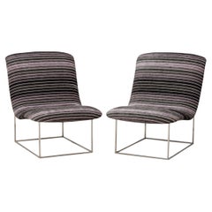 Pair of Milo Baughman Chrome and Black / Gray Striped Upholstery Slipper Chairs