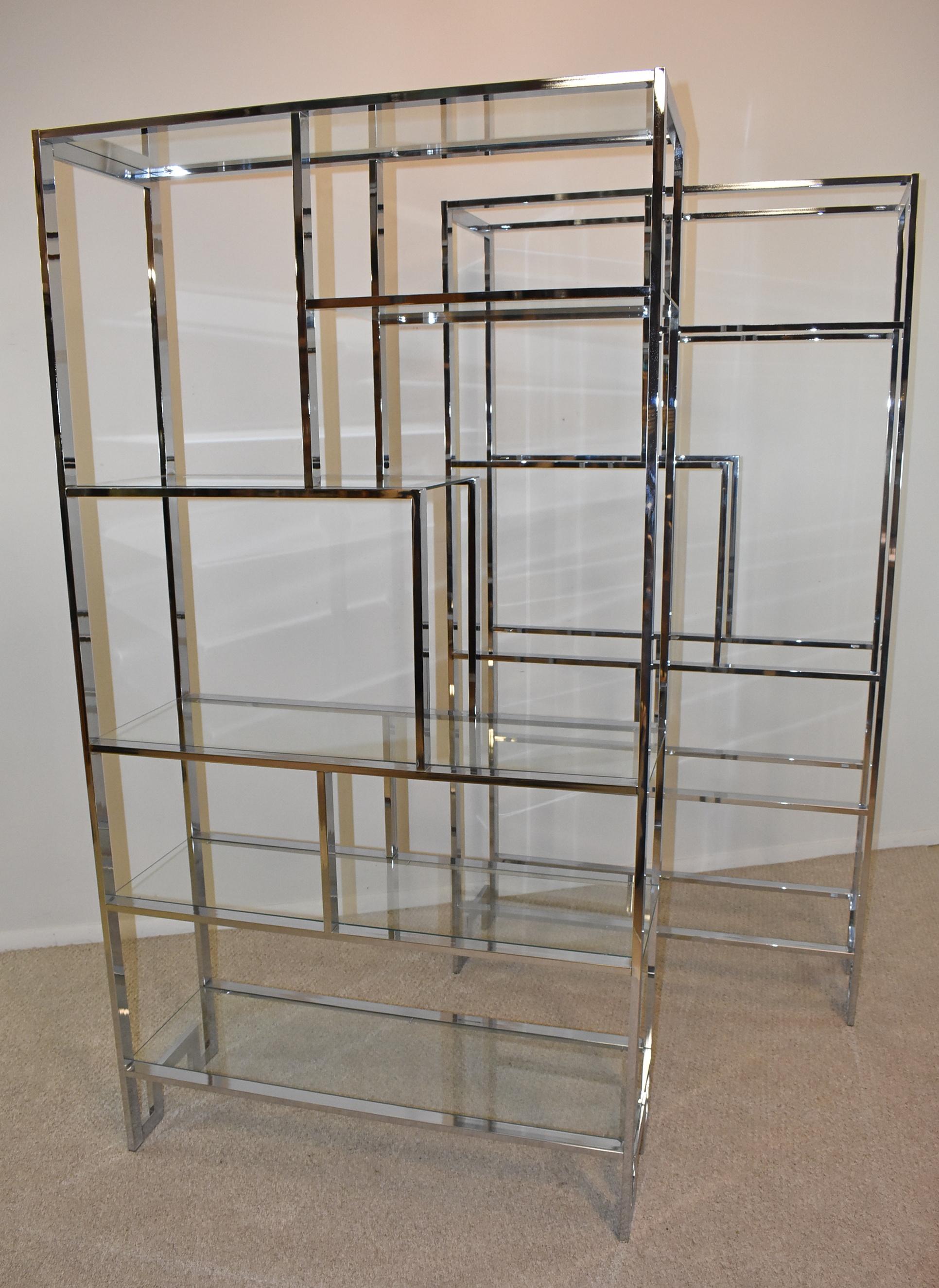 Pair of Milo Baughman chrome and glass six shelf étagères. Glass is 1/4