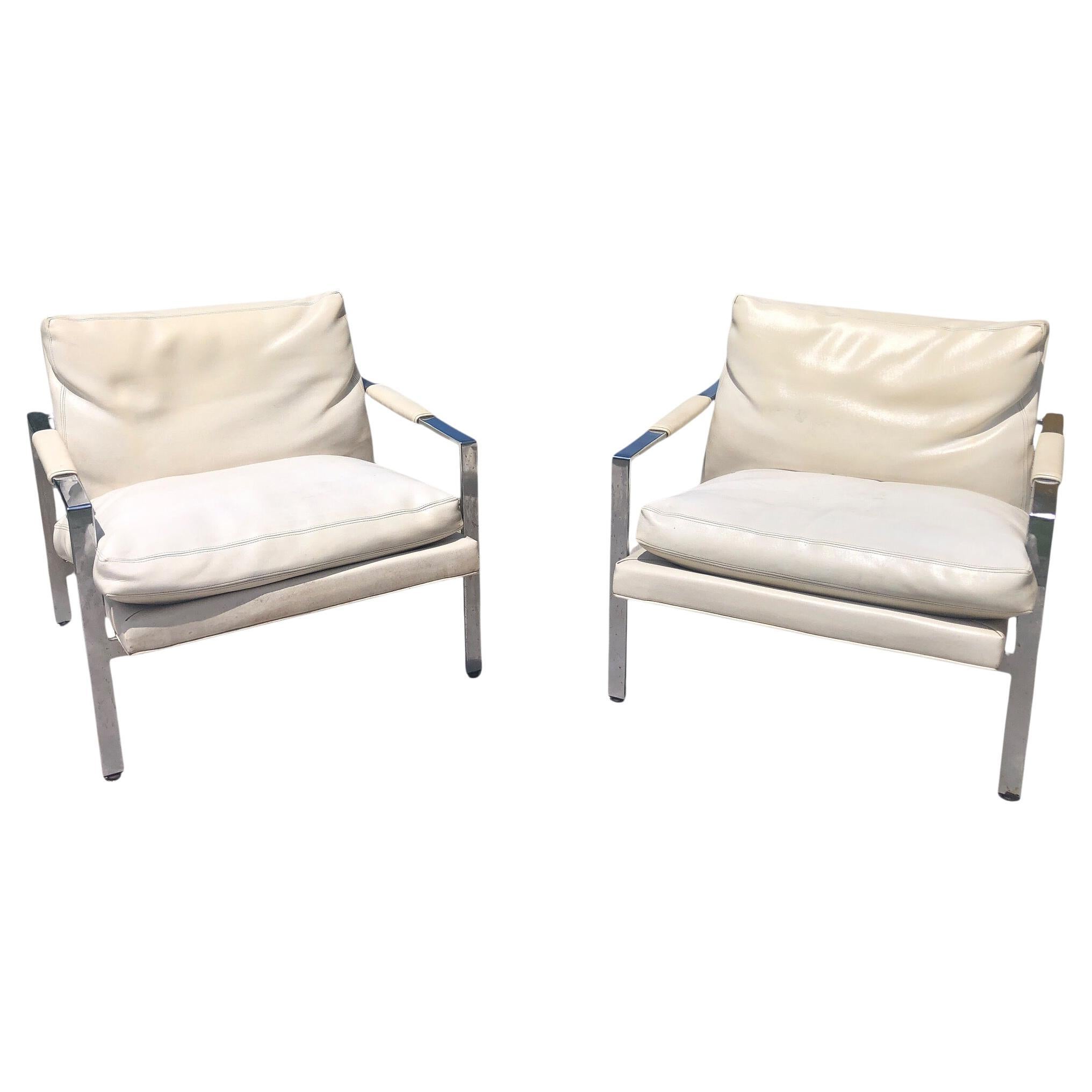 Pair of Milo Baughman Chrome and Vinyl Lounge Chairs for Thayer Coggin