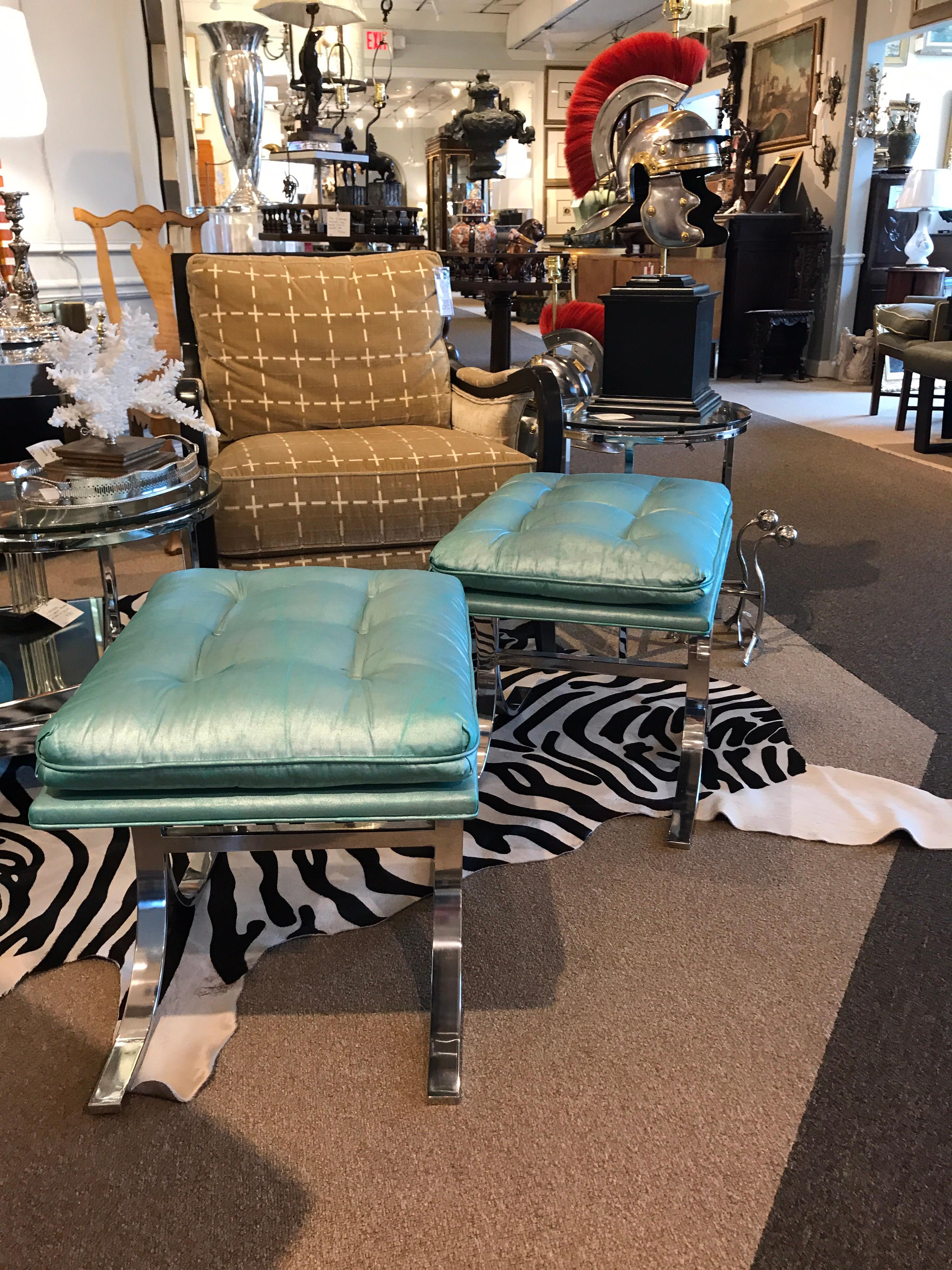 Upholstery Pair of Milo Baughman Style Chrome Curule Benches For Sale