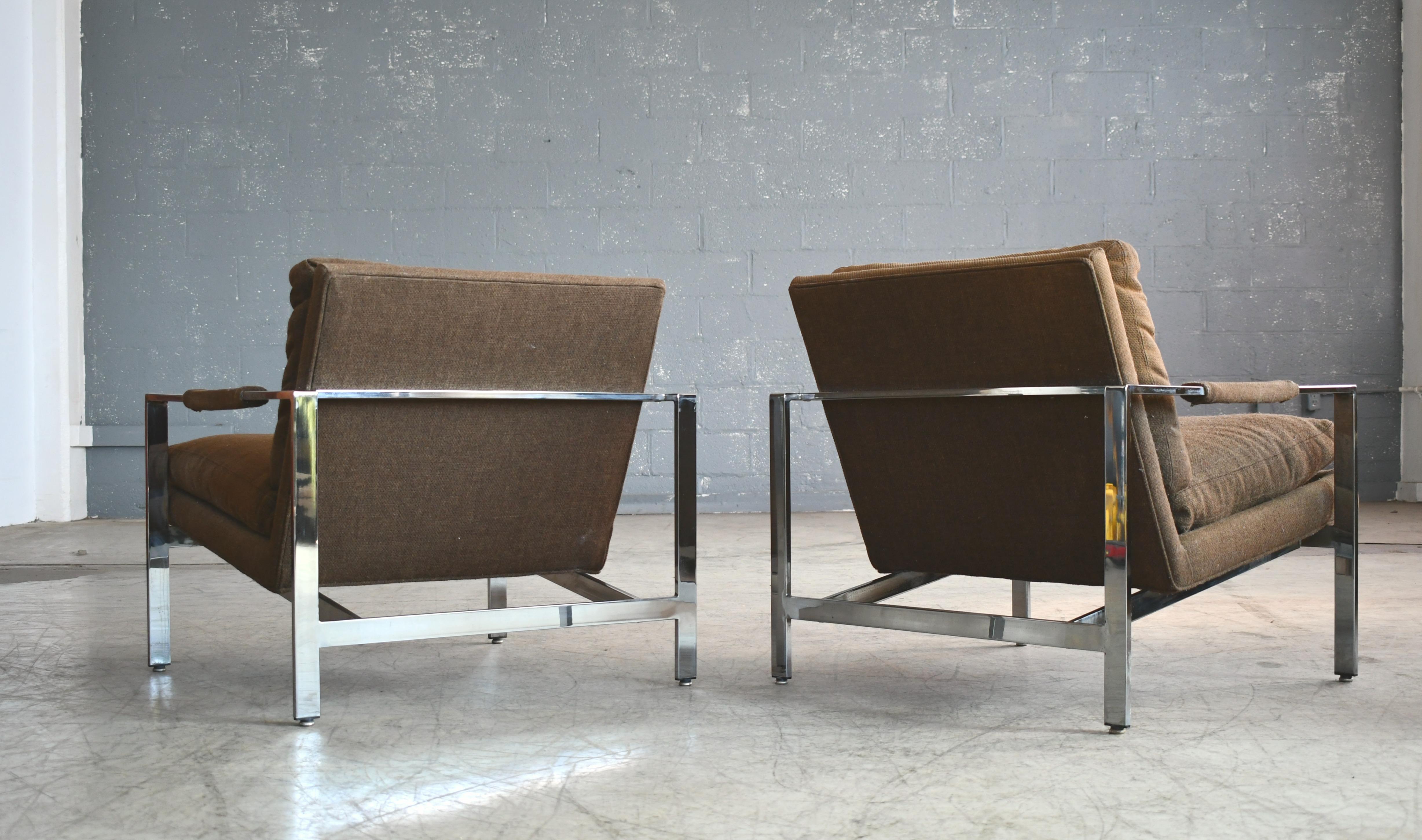 Wool Pair of Milo Baughman Chrome Lounge Chairs for Thayer Coggin