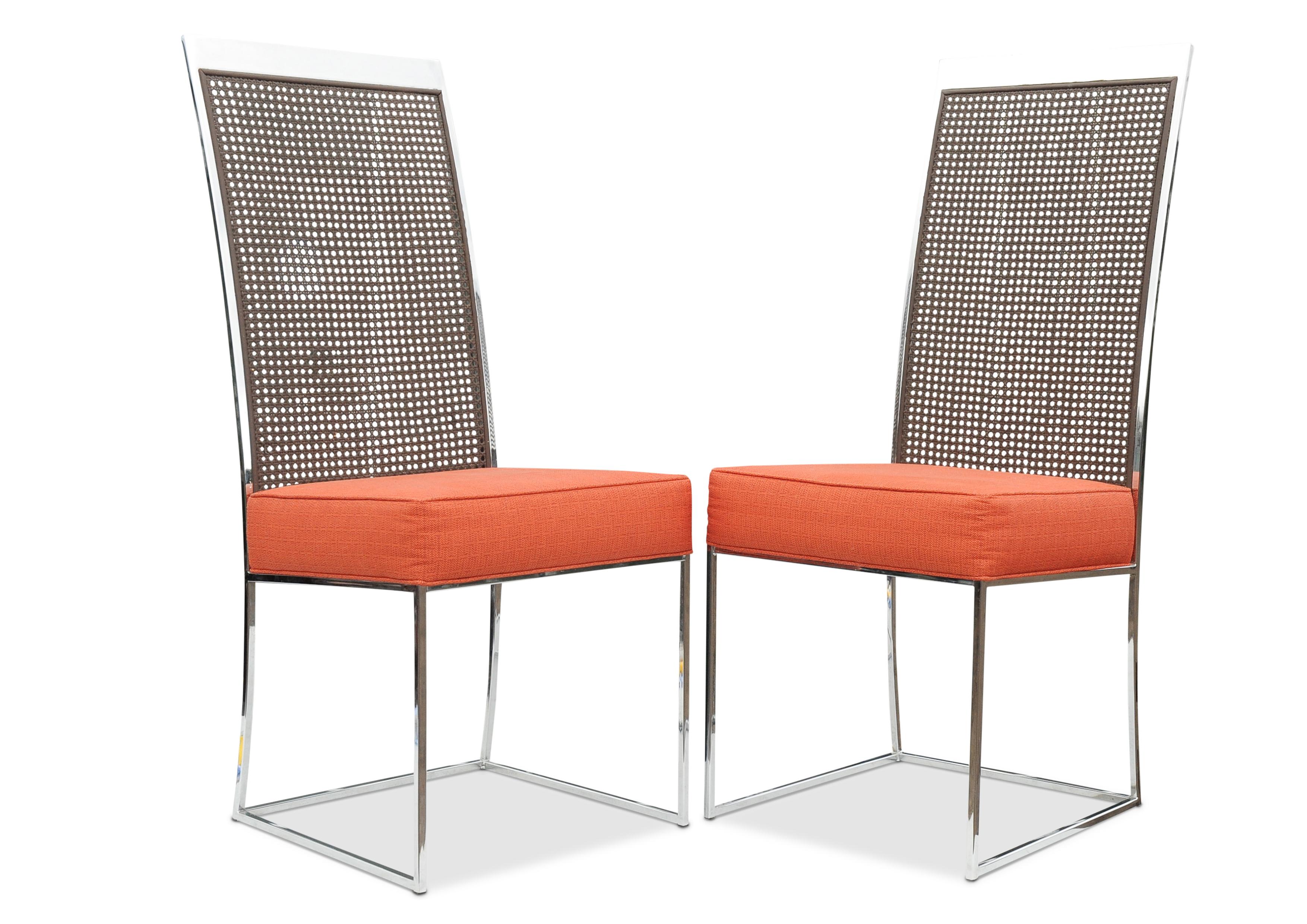 Mid-Century Modern Paire de chaises de salle à manger originales Milo Baughman en acier chromé et rotin, 1970 en vente