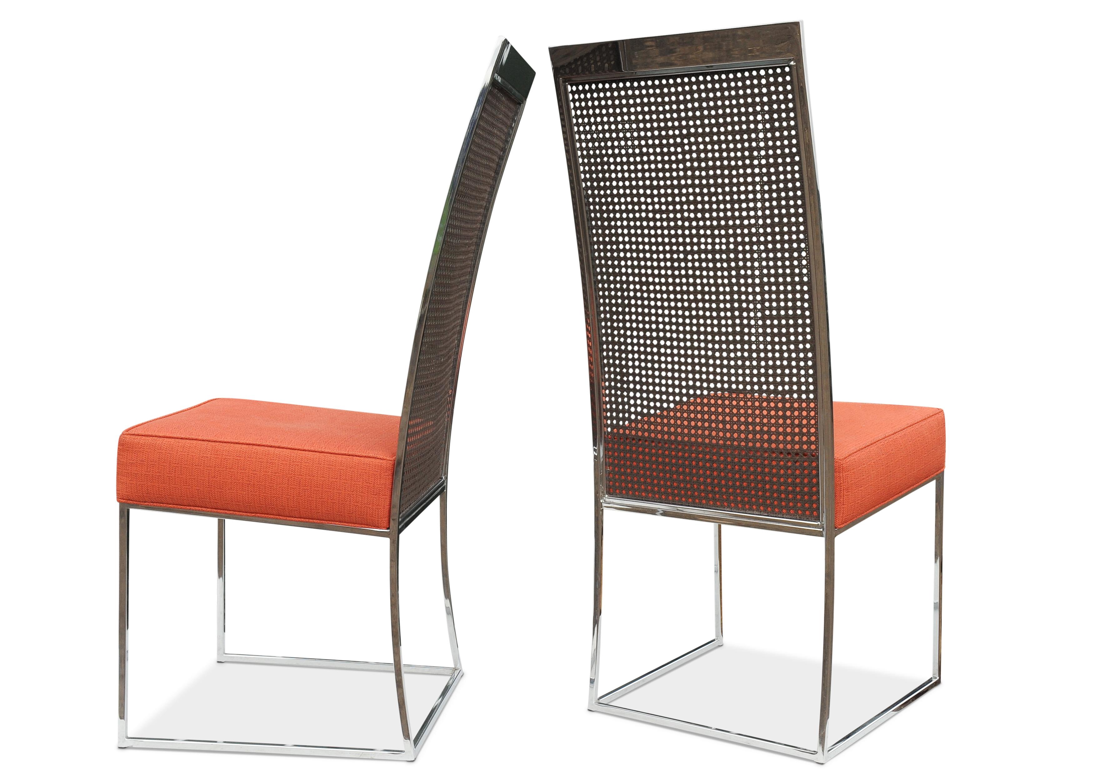 20ième siècle Paire de chaises de salle à manger originales Milo Baughman en acier chromé et rotin, 1970 en vente