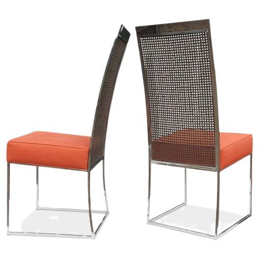 Pair of Milo Baughman Chromed Steel and Cane Dining Chairs, 1970s