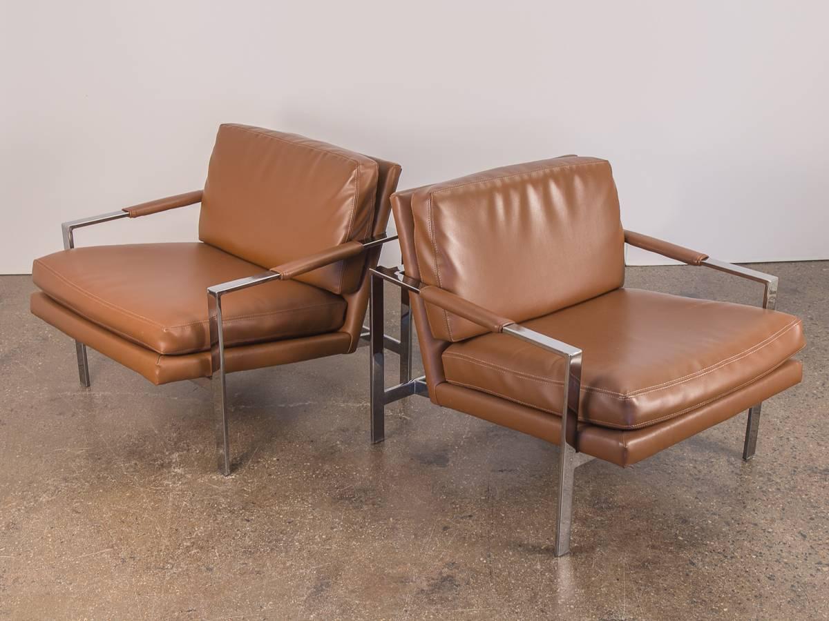 Mid-Century Modern Pair of Milo Baughman Cognac Chrome Lounge Chairs