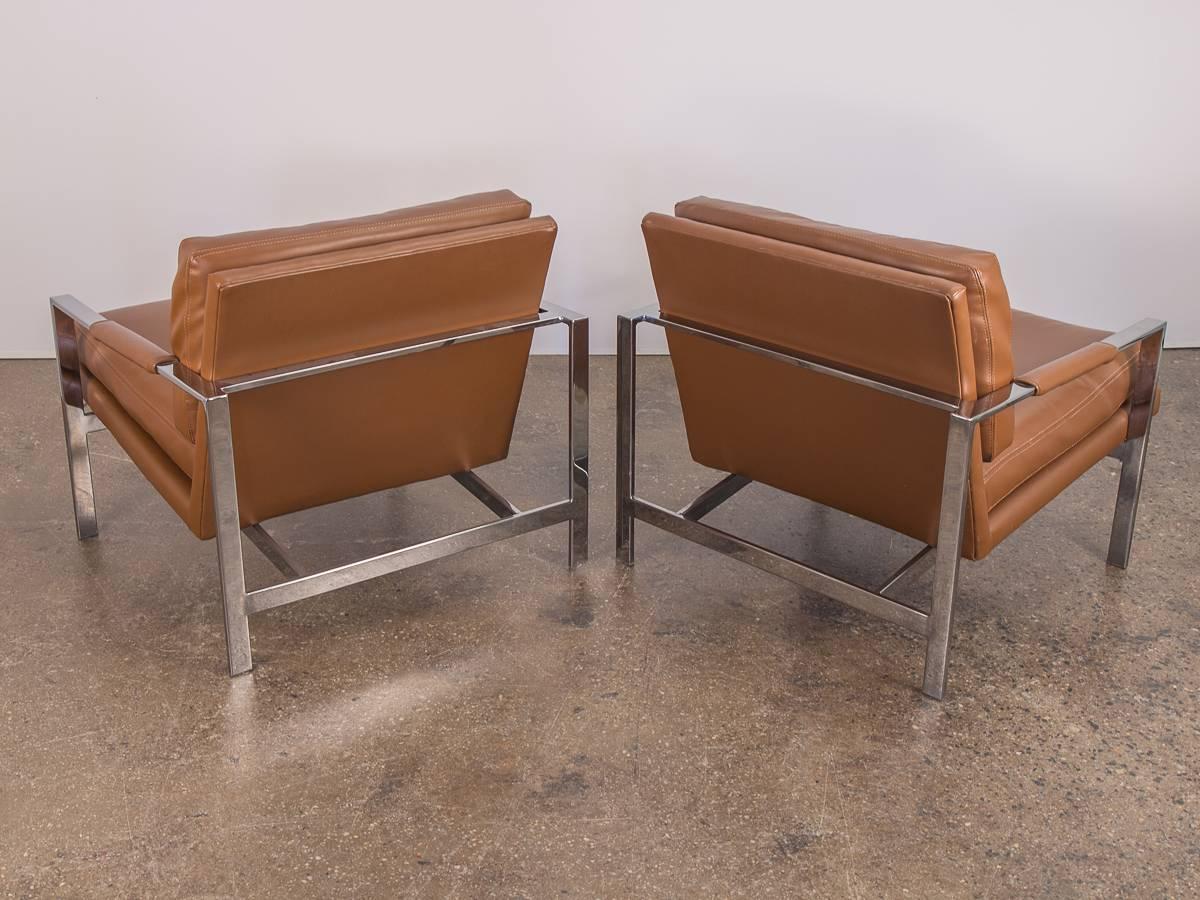Pair of Milo Baughman Cognac Chrome Lounge Chairs In Excellent Condition In Brooklyn, NY