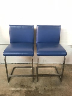 Pair of Milo Baughman Style Counter Stools in Blue Leather and Flat Bar Chrome