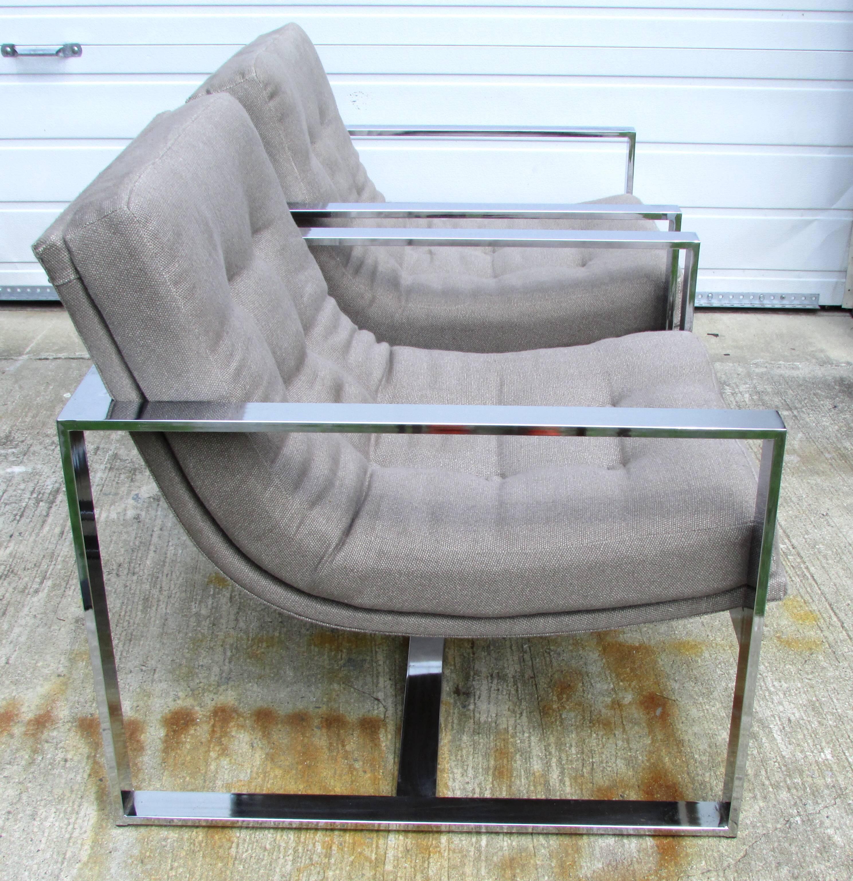 Pair of chrome cube chairs with new upholstery by Milo Baughman.