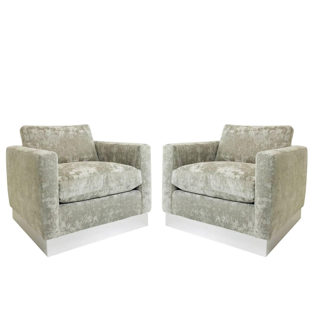 Pair of Milo Baughman Cube Chairs with Plinth Base