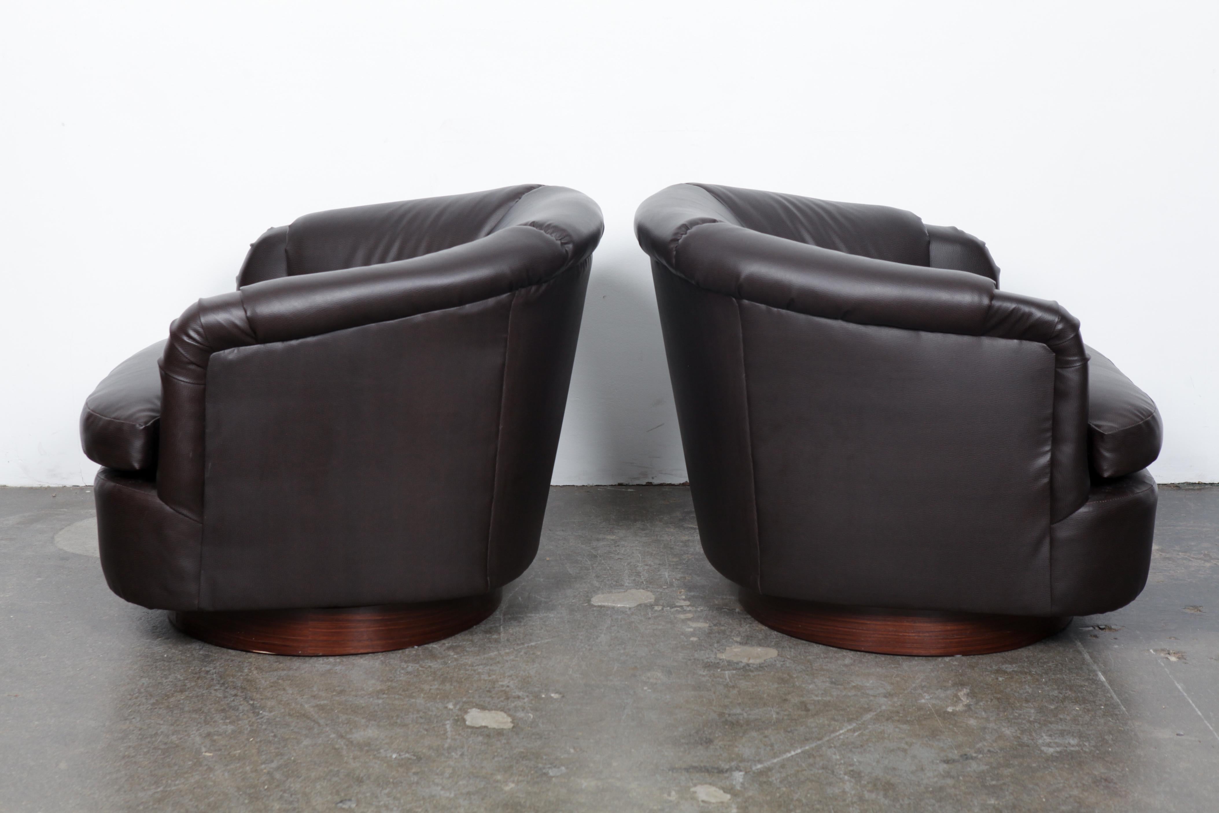 American Pair of Milo Baughman Dark Brown Leather Swivel Club Chairs