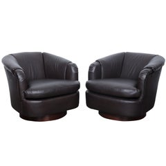 Pair of Milo Baughman Dark Brown Leather Swivel Club Chairs
