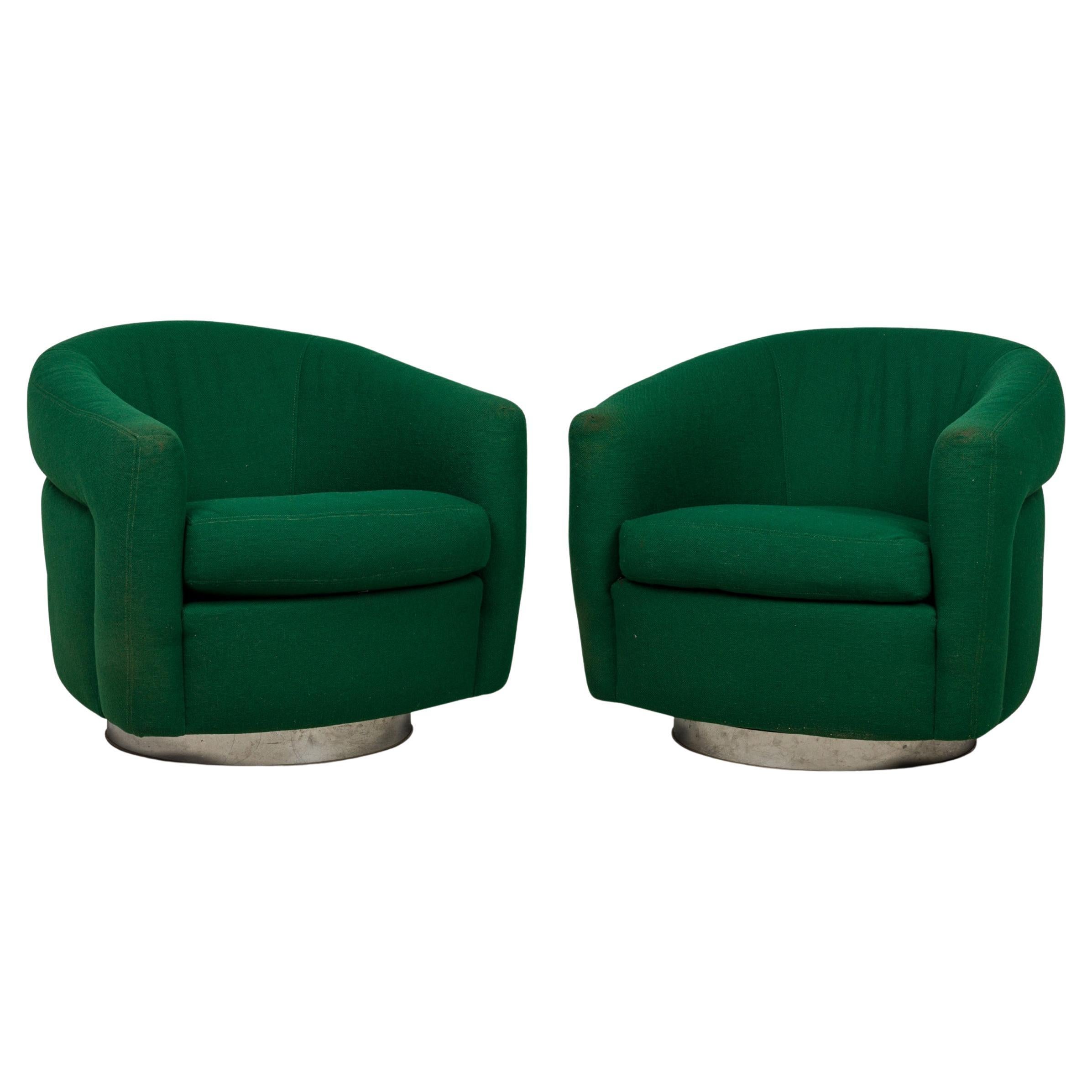 Pair of Milo Baughman Emerald Green Upholstered Swivel / Tilt Tub Armchairs