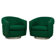Vintage Pair of Milo Baughman Emerald Green Upholstered Swivel / Tilt Tub Armchairs