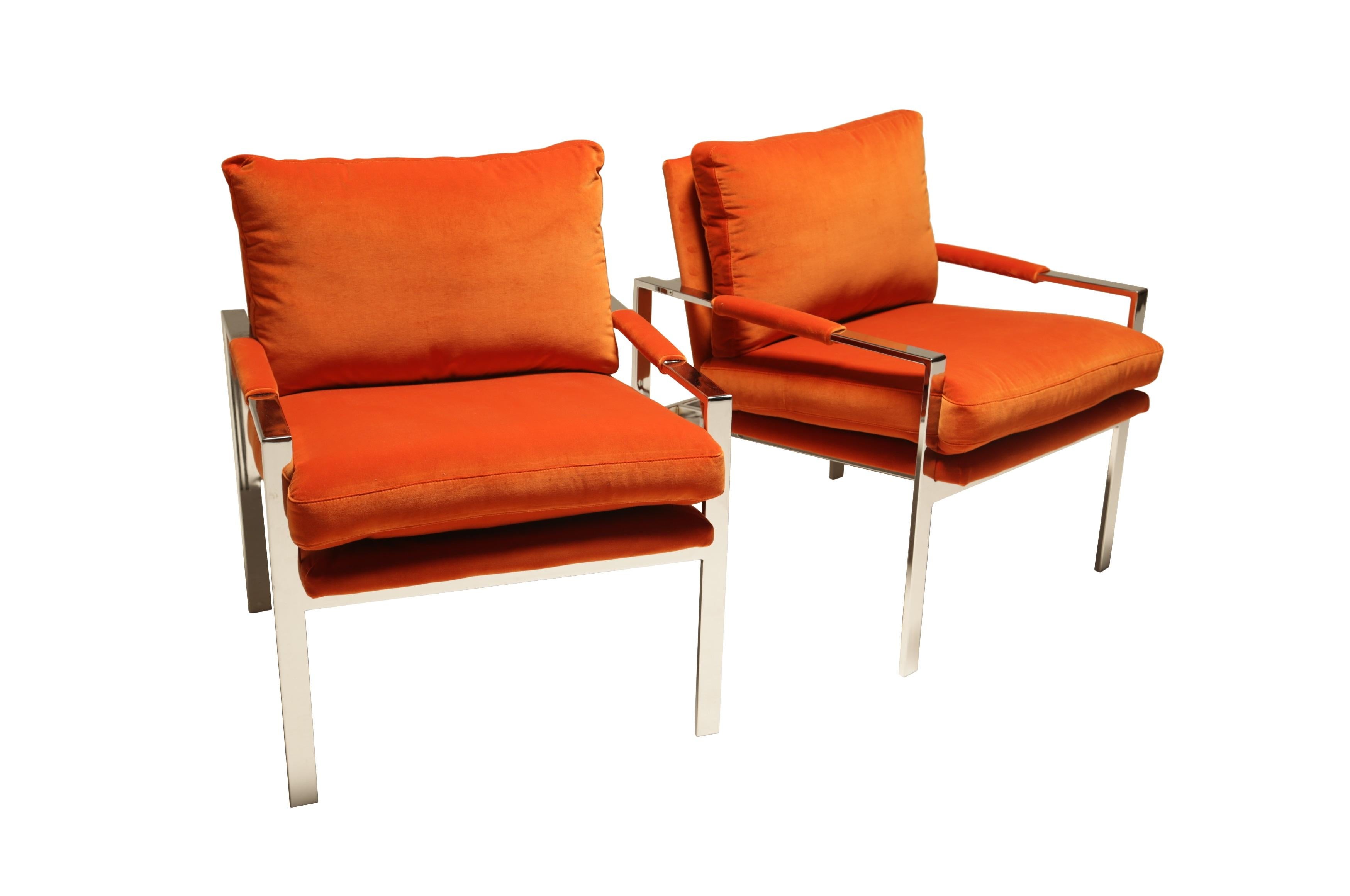 For your consideration is a pair of Milo Baughman flat bar armchairs. Originally designed in 1966, the 951 model lounge chair is one of the most iconic mid-century modern chair designs. Each chair showcasing a clean-lined slender squarish frame,