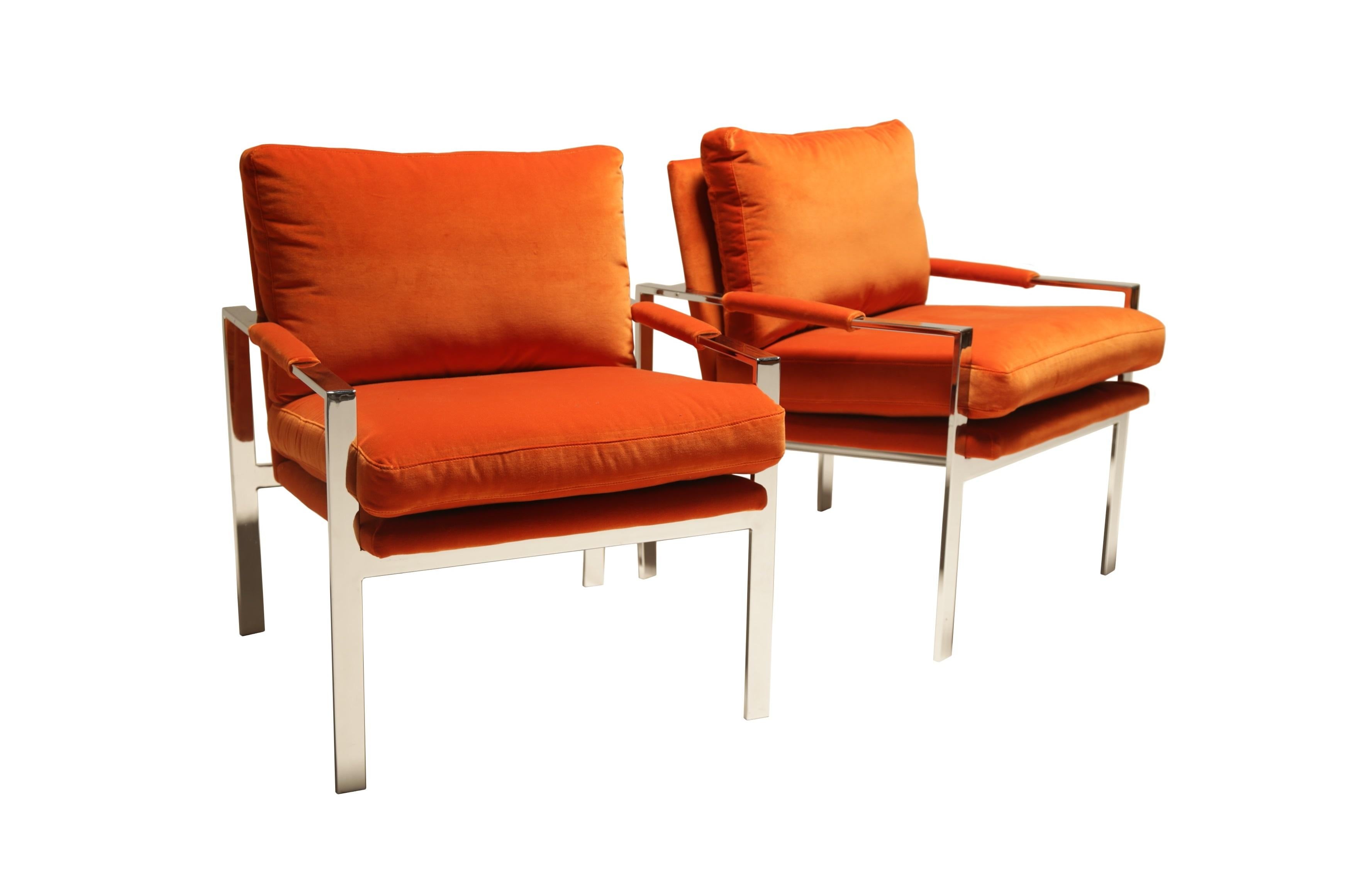 Mid-Century Modern Pair of Milo Baughman Flat Bar Chrome Armchairs For Sale