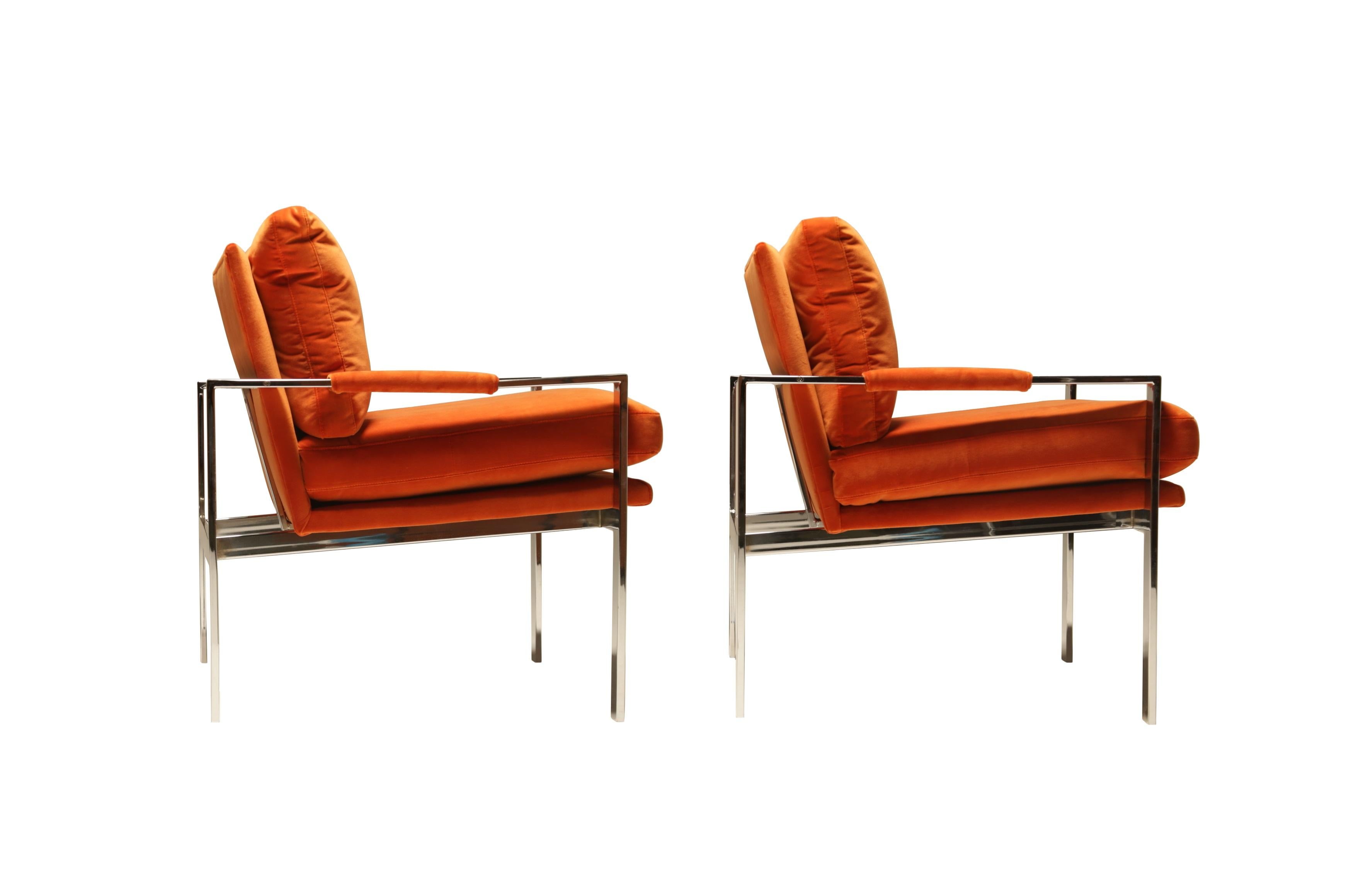 Pair of Milo Baughman Flat Bar Chrome Armchairs In Good Condition For Sale In Dallas, TX