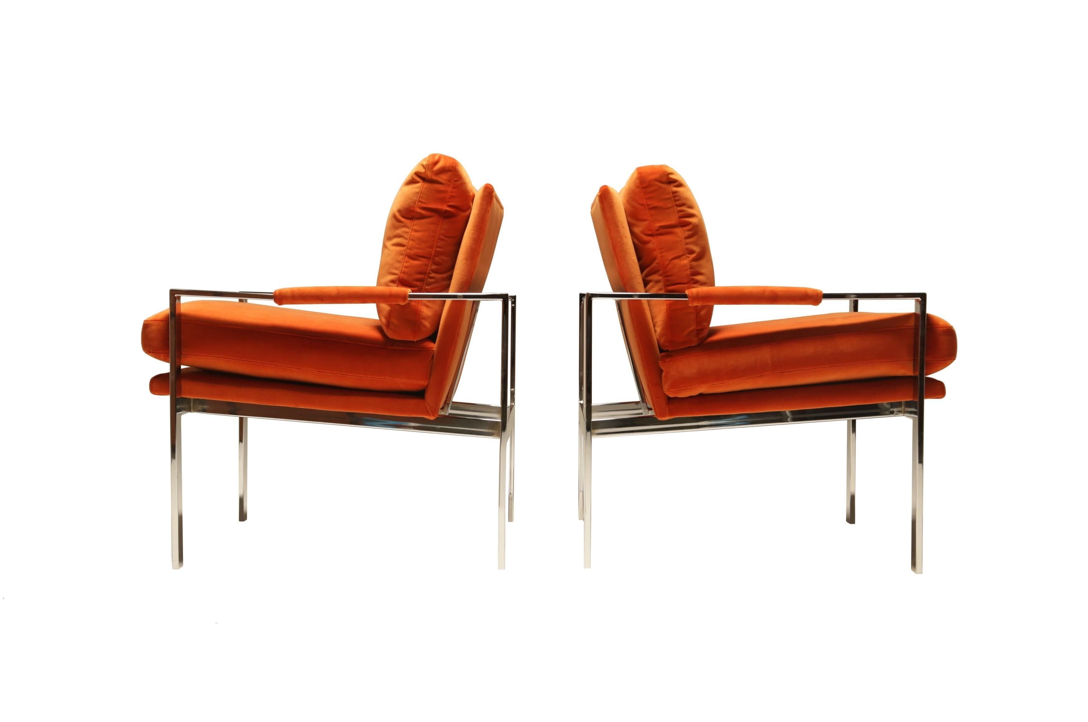 Velours Paire de fauteuils de bar chromés à plateau Milo Baughman en vente