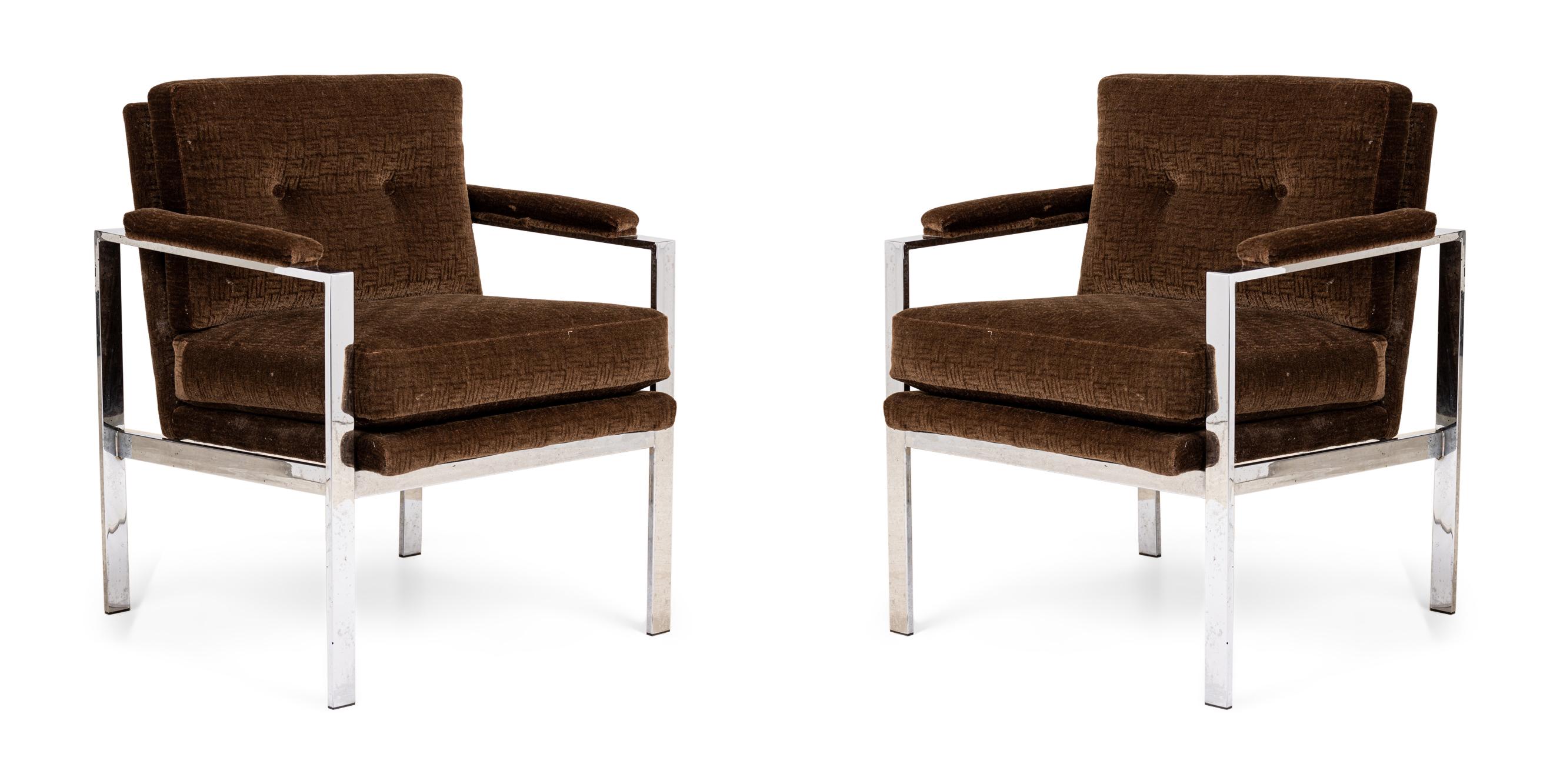 Pair of Milo Baughman Flat Chrome Bar and Brown Fabric Upholstered Armchairs For Sale 4