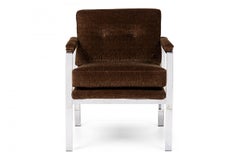 Pair of Milo Baughman Flat Chrome Bar and Brown Fabric Upholstered Armchairs