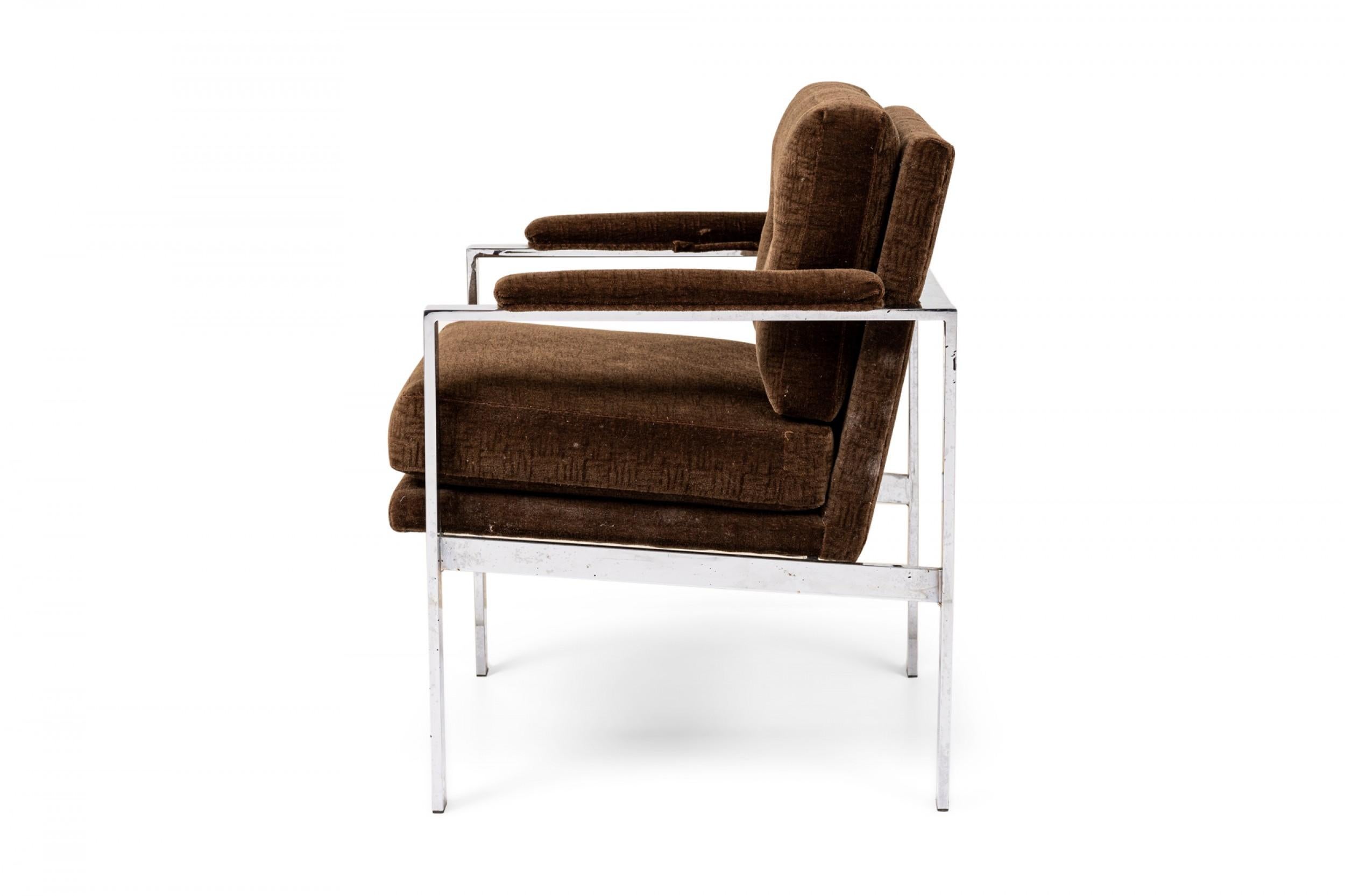 Mid-Century Modern Pair of Milo Baughman Flat Chrome Bar and Brown Fabric Upholstered Armchairs For Sale