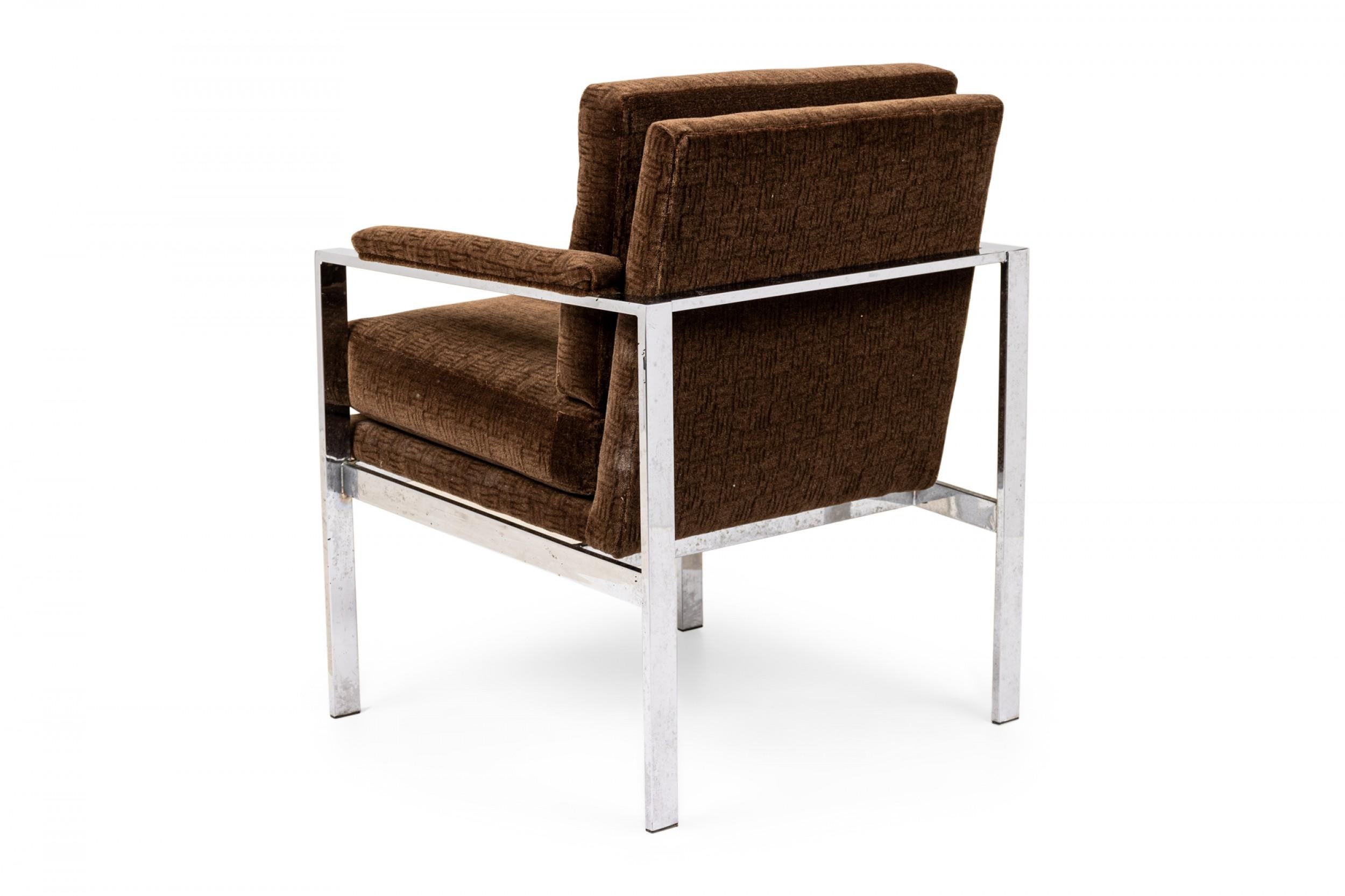 American Pair of Milo Baughman Flat Chrome Bar and Brown Fabric Upholstered Armchairs For Sale