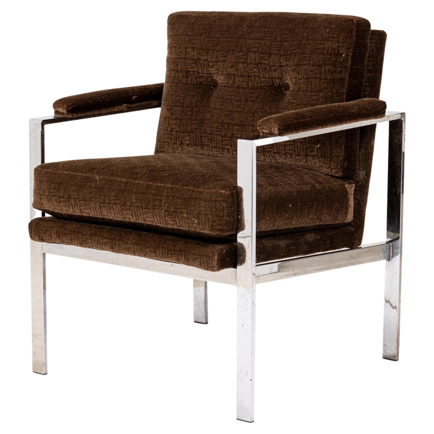 Pair of Milo Baughman Flat Chrome Bar and Brown Fabric Upholstered Armchairs For Sale