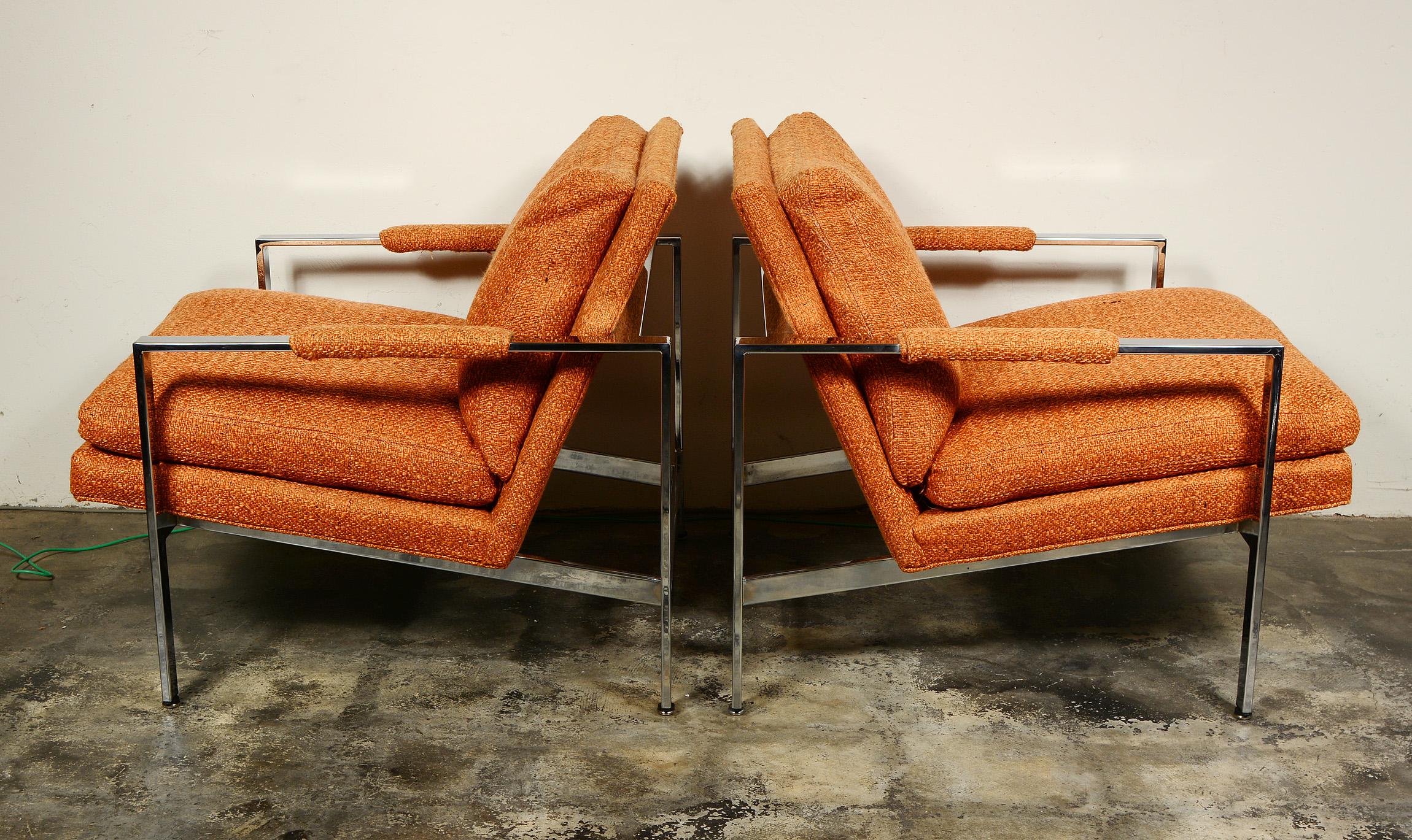Mid-Century Modern Pair of Milo Baughman Flat Chrome Bar Lounge Chairs