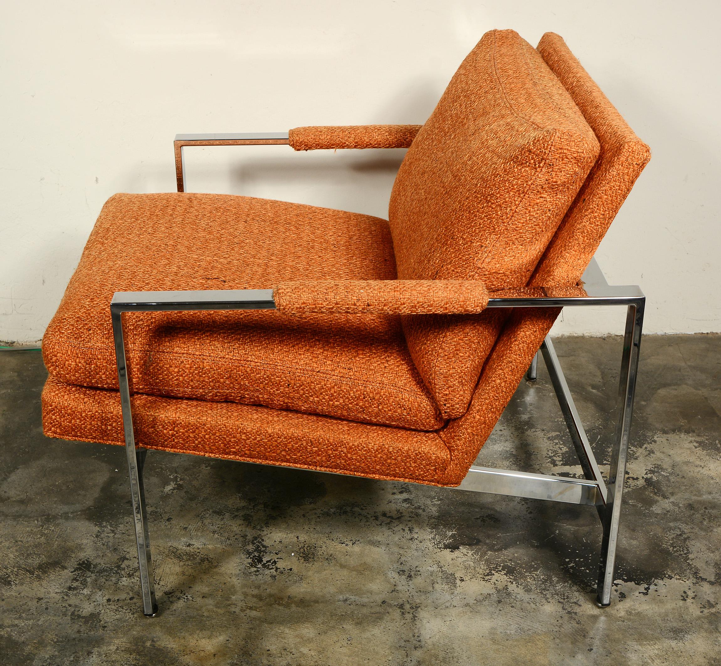Late 20th Century Pair of Milo Baughman Flat Chrome Bar Lounge Chairs