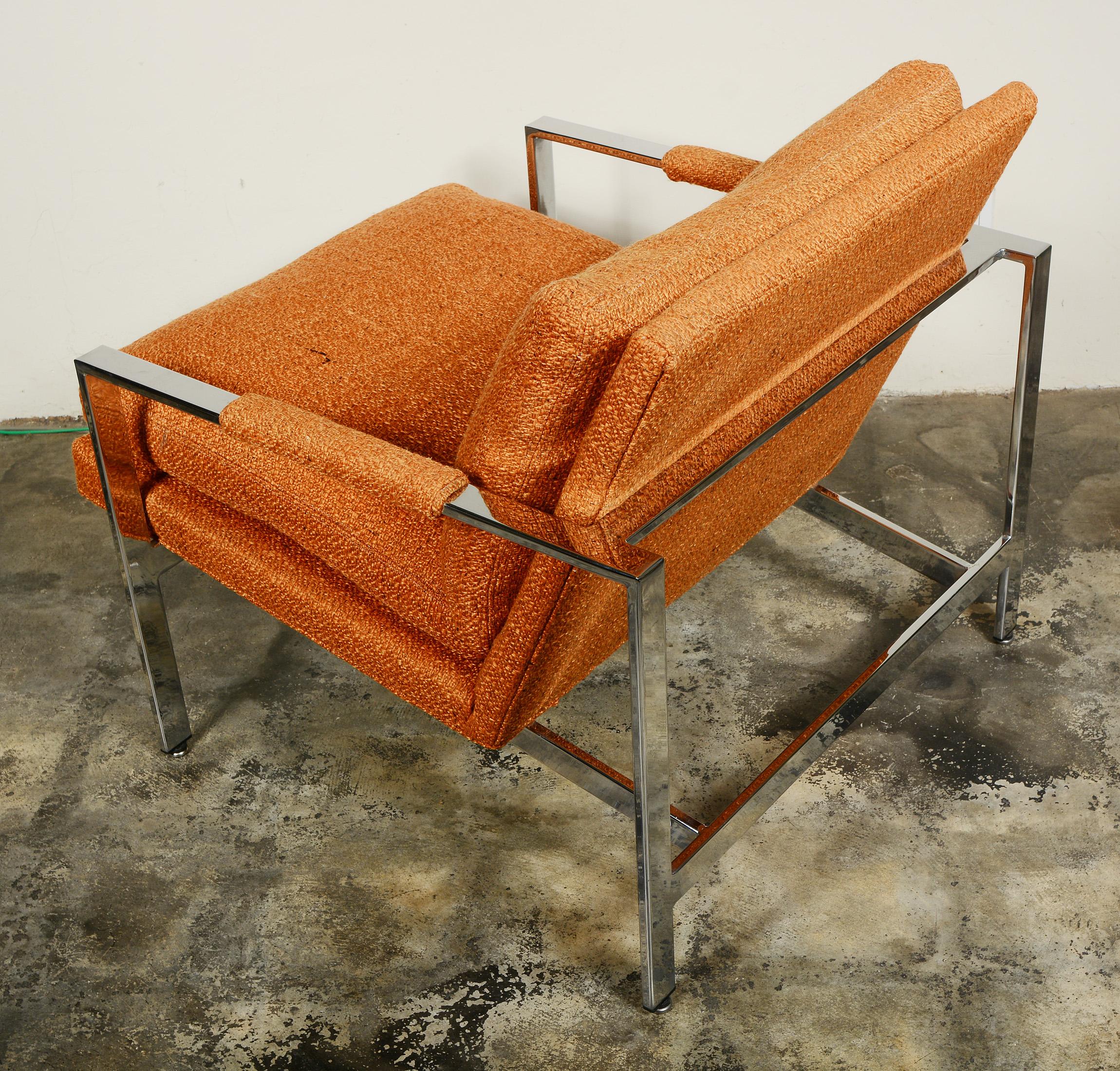 Upholstery Pair of Milo Baughman Flat Chrome Bar Lounge Chairs